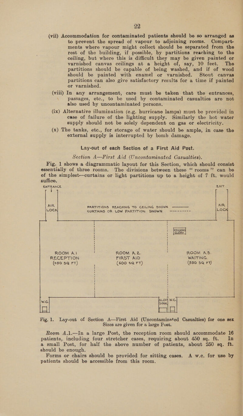 to prevent the spread of vapour to adjoining rooms. Compart- ments where vapour might collect should be separated from the rest of the building, if possible, by partitions reaching to the ceiling, but where this is difficult they may be given painted or varnished canvas ceilings at a height of, say, 10 feet. The partitions should be capable of being washed, and if of wood should be painted with enamel or varnished. Stout canvas partitions can also give satisfactory results for a time if painted or varnished. \ passages, etc., to be used by contaminated casualties are not also used by uncontaminated persons. case of failure of the lighting supply. Similarly the hot water supply should not be solely dependent on gas or electricity. external supply is interrupted by bomb damage. Lay-out of each Section of a First Aid Post. Section A—First Aid (Uncontaminated Casualties). suffice.  i : \ CLERK : : | : ROOM A.i ROOM A.2. ROOM A.B. RECEPTION FIRST AID WAITING. (450 SQ FT) (600 SQ FT) (S50 5Q FT) W.G. Fig. 1. PARTITIONS REACHING TO CEILING SHOWN CURTAINS OR LOW PARTITION SHOWN 9 —~-------  j----- - LOP| W.C. SIN Sizes are given for a large Post.