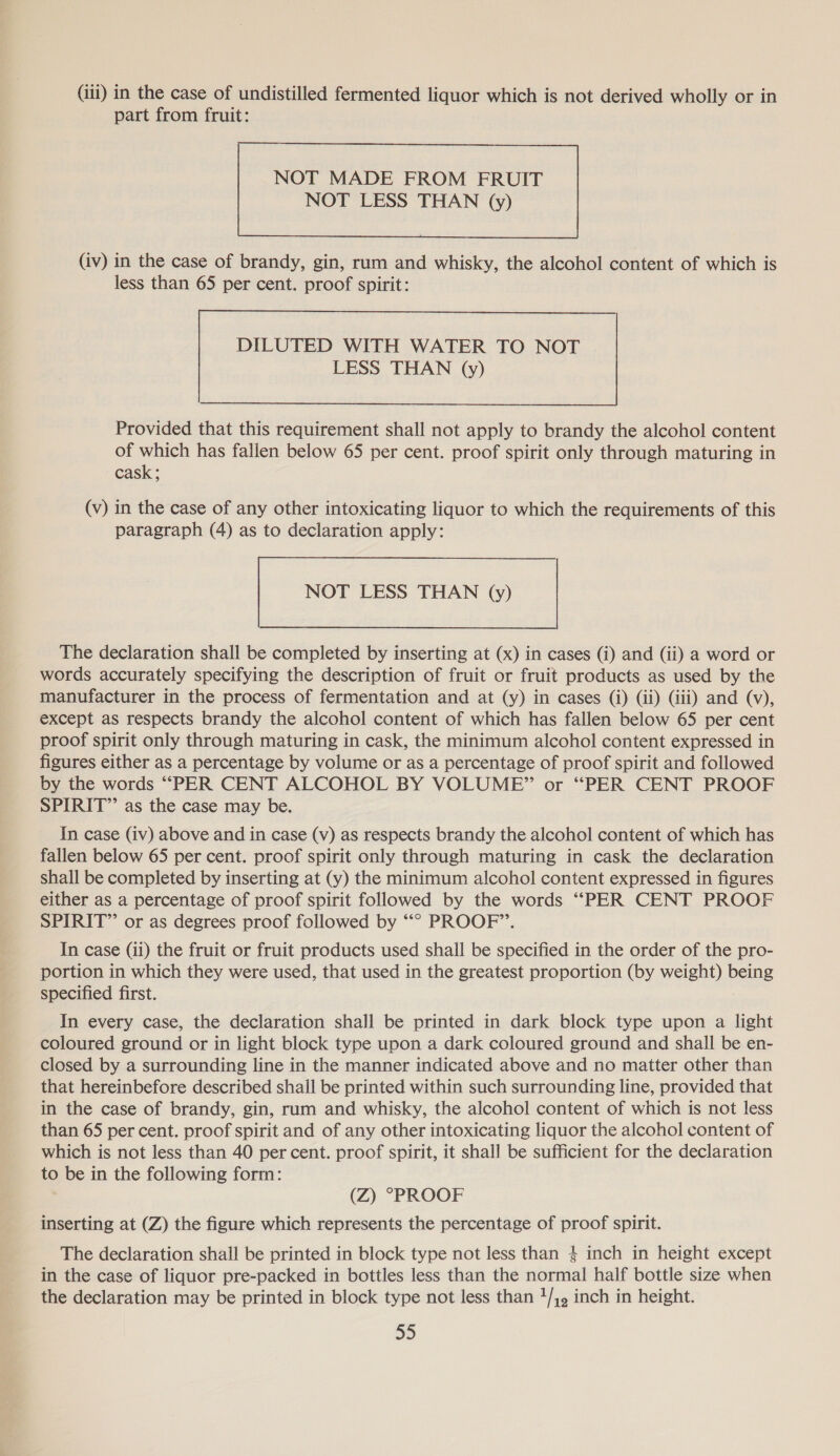 part from fruit: NOT LESS THAN (y)  (iv) in the case of brandy, gin, rum and whisky, the alcohol content of which is less than 65 per cent. proof spirit: DILUTED WITH WATER TO NOT LESS THAN (y)  Provided that this requirement shall not apply to brandy the alcohol content of which has fallen below 65 per cent. proof spirit only through maturing in cask; (v) in the case of any other intoxicating liquor to which the requirements of this paragraph (4) as to declaration apply: NOT LESS THAN (y)  The declaration shall be completed by inserting at (x) in cases (i) and (ii) a word or words accurately specifying the description of fruit or fruit products as used by the manufacturer in the process of fermentation and at (y) in cases (i) (ii) (iii) and (v), except as respects brandy the alcohol content of which has fallen below 65 per cent proof spirit only through maturing in cask, the minimum alcohol content expressed in figures either as a percentage by volume or as a percentage of proof spirit and followed by the words ““PER CENT ALCOHOL BY VOLUME” or “PER CENT PROOF SPIRIT”’ as the case may be. In case (iv) above and in case (v) as respects brandy the alcohol content of which has fallen below 65 per cent. proof spirit only through maturing in cask the declaration shall be completed by inserting at (y) the minimum alcohol content expressed in figures either as a percentage of proof spirit followed by the words ‘“‘PER CENT PROOF SPIRIT” or as degrees proof followed by ‘“° PROOF”. In case (ii) the fruit or fruit products used shall be specified in the order of the pro- portion in which they were used, that used in the greatest proportion (by weight) being specified first. In every case, the declaration shall be printed in dark block type upon a light coloured ground or in light block type upon a dark coloured ground and shall be en- closed by a surrounding line in the manner indicated above and no matter other than that hereinbefore described shall be printed within such surrounding line, provided that in the case of brandy, gin, rum and whisky, the alcohol content of which is not less than 65 per cent. proof spirit and of any other intoxicating liquor the alcohol content of which is not less than 40 per cent. proof spirit, it shall be sufficient for the declaration to be in the following form: (Z) °PROOF inserting at (Z) the figure which represents the percentage of proof spirit. The declaration shall be printed in block type not less than 4 inch in height except in the case of liquor pre-packed in bottles less than the normal half bottle size when the declaration may be printed in block type not less than 1/5 inch in height. =e)