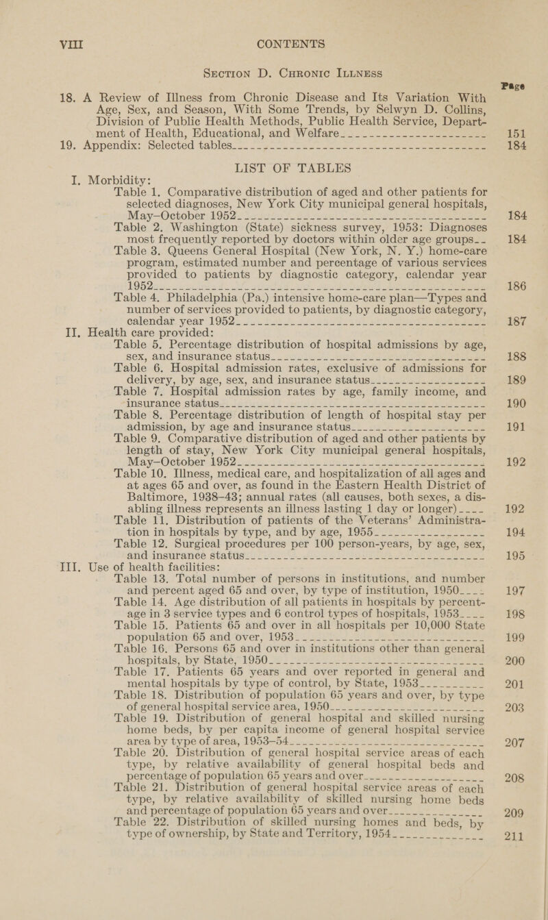 Section D. CuHronic ILLNESS 18. A Review of Illness from Chronic Disease and Its Variation With Age, Sex, and Season, With Some Trends, by Selwyn D. Collins, Division of Public Health Methods, Public Health Service, Depart- ment of Health, Educational and iW ciarei2._.-.--- = 5 eee 19, Appendix: ‘Selected tables_2_ {75 - = 722 Sosa LIST OF TABLES I. Morbidity: Table 1. Comparative distribution of aged and other patients for selected diagnoses, New York City municipal general hospitals, May—October: 4952: Sesrte £ Ba a i) fee eee Table 2. Washington (State) sickness survey, 1953: Diagnoses most frequently reported by doctors within older age groups-- Table 3. Queens General Hospital (New York, N. Y.) home-care program, estimated number and percentage of various services ean to patients by diagnostic category, calendar year Perey ele de OF tt el yetucde teed Apparent Table 4. Philadelphia (Pa.) intensive home-care plan—Types and number of services provided to patients, by diagnostic category, oalencdar. year’ 19922,J.. los puke ae eee See ee II, Health care provided: Table 5. Percentage distribution of hospital admissions by age, sex, and insurance status..2agieo! es. fs eae ee Table 6. Hospital admission rates, exclusive of admissions for delivery, by age, sex, and insurameéé statuss.i222 24. ae sae Table 7. Hospital admission rates by age, family income, and msurance states. letingel 1 wei felled stir ple eee Table 8. Percentage distribution of length of hospital stay per admission, by age and insurance status____._____._.---.---.- Table 9. Comparative distribution of aged and other patients by length of stay, New York City municipal general hospitals, Miay~OetoberhOb2eie os. tay tuk esr LD y Oa ee ee Table 10. Illness, medical care, and hospitalization of all ages and at ages 65 and over, as found in the Eastern Health District of Baltimore, 1988-43; annual rates (all causes, both sexes, a dis- abling illness represents an illness lasting 1 day or longer) ___~_ Table 11. Distribution of patients of the Veterans’ Administra- tion in hospitals by type, and by age, 1955__._._.__._.-____-_- Table 12. Surgical procedures per 100 person-years, by age, sex, atid.insurames state li Gs fol ee Ue ee ee III. Use of health facilities: Table 13. Total number of persons in institutions, and number and percent aged 65 and over, by type of institution, 1950___- Table 14. Age distribution of all patients in hospitals by percent- age in 3 service types and 6 control types of hospitals, 1953____ Table 15. Patients 65 and over in all hospitals per 10,000 State population6s and over T9508 L ee 2 80s Ree eee eee Table 16. Persons 65 and over in institutions other than general hospitals, By Stare, 1050 20! ore A ek Sees Tees Table 17. Patients 65 years and over reported in general and mental hospitals by type of control, by State, 19538__________ Table 18. Distribution of population 65 years and over, by type of general hospitaliservicearéa, 1950... 252 Bo ee! Table 19. Distribution of general hospital and skilled nursing home beds, by per capita income of general hospital service area. by type of-area, 1953—bAW nn eee eS LE, ges RO, Table 20. Distribution of general hospital service areas of each type, by relative availability of general hospital beds and percentage of population 65 years and over__._._____..-._____ Table 21. Distribution of general hospital service areas of each type, by relative availability of skilled nursing home beds and percentage of population 65 years and over Table 22. Distribution of skilled nursing homes and beds, by type of ownership, by State and Territory, 1954 —~ ee eK Kee eee Pace 151 184 184 184 186 187 188 189 190 19] 192 192 194 195 197 198 199 200 201 203 207 208 209 211