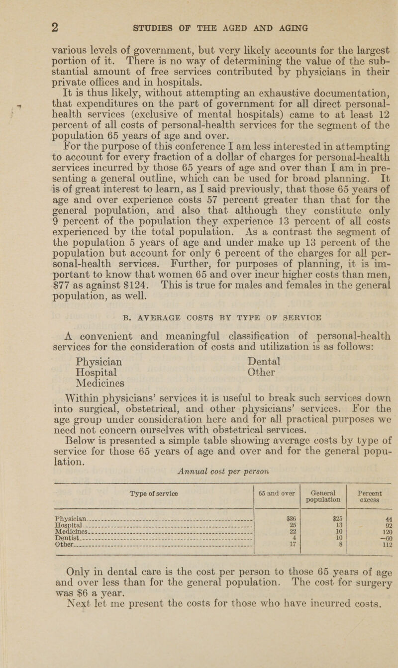 various levels of government, but very likely accounts for the largest portion of it. There is no way of determining the value of the sub- stantial amount of free services contributed ty physicians in their private offices and in hospitals. It is thus likely, without attempting an exhaustive documentation, that expenditures on the part of government for all direct personal- health services (exclusive of mental hospitals) came to at least 12 percent of all costs of personal-health services for the segment of the population 65 years of age and over. For the purpose of this conference I am less interested in attempting to account for every fraction of a dollar of charges for personal-health services incurred by those 65 years of age and over than I am in pre- senting a general outline, which can be used for broad planning. It is of great interest to learn, as I said previously, that those 65 years of age and over experience costs 57 percent greater than that for the general population, and also that although they constitute only 9 percent of the population they experience 13 percent of all costs experienced by the total population. As a contrast the segment of the population 5 years of age and under make up 13 percent of the population but account for only 6 percent of the charges for al! per- sonal-health services. Further, for purposes of planning, it is im- portant to know that women 65 and over incur higher costs than men, $77 as against $124. This is true for males and females in the general population, as well. B. AVERAGE COSTS BY TYPE OF SERVICE A convenient and meaningful classification of personal-health services for the consideration of costs and utilization is as follows: Physician Dental Hospital Other Medicines Within physicians’ services it is useful to break such services down into surgical, obstetrical, and other physicians’ services. For the age group under consideration here and for all practical purposes we need not concern ourselves with obstetrical services. Below is presented a simple table showing average costs by type of service for those 65 years of age and over and for the general popu lation. | Annual cost per person Type of service 65 and over General Percent population excess IPN YSICION ~&lt;a 2 a Be ee er ee $36 $25 44 Hospitel¢t oe ke ls aa Be Se A ee eee 25 13 ; 92 Medicines 2 cae scseeee sna ge ee oe ee ee ee ee 22 10 120 BUNUISUiemeisia nc wane es ee cee ene 2 Bene Ao ae eer 10 —60 OPHOIe Cee Aa eee. See Coe ae ee 17 112 Only in dental care is the cost per person to those 65 years of age and over less than for the general population. The cost for surgery was $6 a year. | Next let me present the costs for those who have incurred costs.