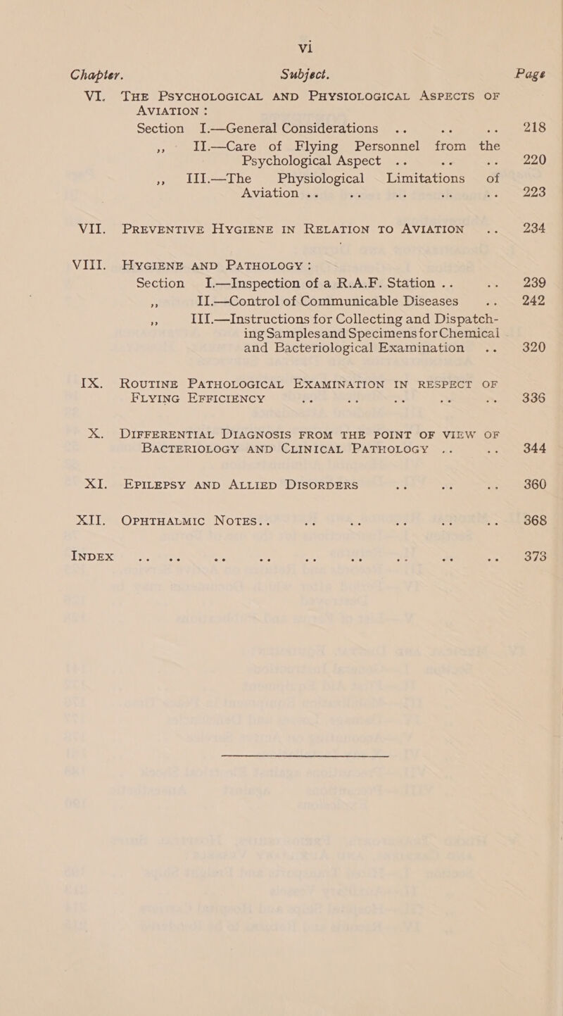 Chapter. Subject. VI. THE PSYCHOLOGICAL AND PHYSIOLOGICAL ASPECTS OF AVIATION :! Section I.—General Considerations A II.—Care of Flying Personnel from the Psychological Aspect » iII—The Physiological Limitations of Aviation .. ce ie fe i; VII. PREVENTIVE HYGIENE IN RELATION TO AVIATION VIII. HyGi=NE AND PATHOLOGY : Section I.—Inspection of a R.A.F. Station .. 5h II.—Control of Communicable Diseases cs ITJ.—Instructions for Collecting and Dispatch- ing Samplesand Specimens for Chemical and Bacteriological Examination IX. RoutinE PATHOLOGICAL EXAMINATION IN RESPECT OF FLYING EFFICIENCY a oe mo ys X. DIFFERENTIAL DIAGNOSIS FROM THE POINT OF VIEW OF BACTERIOLOGY AND CLINICAL PATHOLOGY ir XI. EPpiLrepsy AND ALLIED DISORDERS XII. OpyutHAtmic NoTEs.. 218 220 234 239 242 320 336 344 360 368