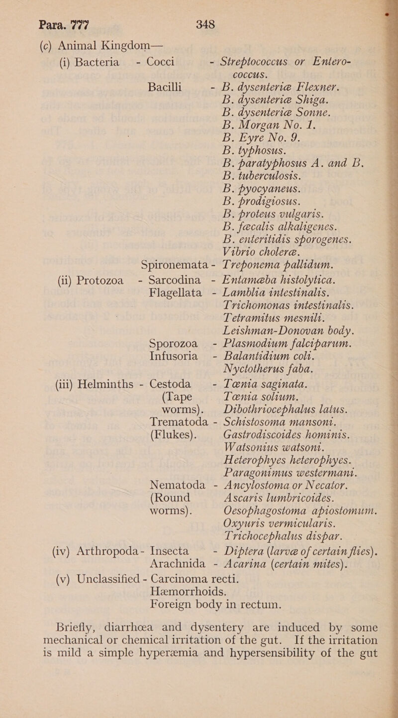 (c) Animal Kingdom— (i) Bacteria - Cocci - Streptococcus or Entero- coccus. Bacilli - B. dysenterre Flexner. B. dysenteriae Shiga. B. dysenterie@ Sonne. B. Morgan No. 1. B, Eyre No.9. B. typhosus. B. paratyphosus A. and Bb, B. tuberculosis. B. pyocyaneus. B. prodigiosus. B. proteus vulgaris. B. fecalts alkaligenes. B. enteritidis sporogenes. Vibrio cholera. Spironemata- Treponema pallidum. (ii) Protozoa - Sarcodina - Entameba Iustolytica. Flagellata - Lamblia intestinalis. Trichomonas intestinalis. Tetramitus mesnilt. | Leishman-Donovan body. 4  Sporozoa - Plasmodium falciparum. a Infusoria - Balantidium colt. i Nyctotherus faba. (iii) Helminths - Cestoda - Tenia saginata. ‘l (Tape Tena solium. worms). Dzubothriocephalus latus. Trematoda - Schistosoma mansont. ¥ (Flukes). Gastrodiscoides homims. ‘ Watsomius watson. Heterophyes heterophyes. Paragommus westermant. Nematoda - Ancylostoma or Necator. (Round Ascaris lumbricotdes. worms). Oesophagostoma apiostomum. Oxyuris vermicularis. Lrichocephalus dispar. (iv) Arthropoda- Insecta - Dtptera (larve of certain flies). Arachnida - Acarina (certain mites). (v) Unclassified - Carcinoma recti. Hemorrhoids. Foreign body in rectum. Briefly, diarrhoea and dysentery are induced by some mechanical or chemical irritation of the gut. Iftheirritation — is mild a simple hyperemia and hypersensibility of the gut
