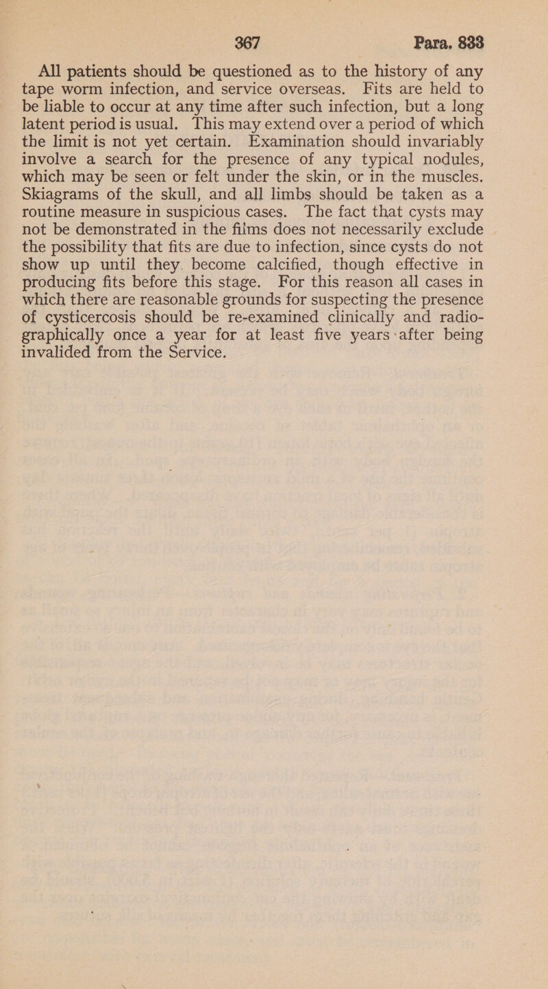 All patients should be questioned as to the history of any tape worm infection, and service overseas. Fits are held to be liable to occur at any time after such infection, but a long latent period is usual. This may extend over a period of which the limit is not yet certain. Examination should invariably involve a search for the presence of any typical nodules, which may be seen or felt under the skin, or in the muscles. Skiagrams of the skull, and all limbs should be taken as a routine measure in suspicious cases. The fact that cysts may not be demonstrated in the films does not necessarily exclude | the possibility that fits are due to infection, since cysts do not show up until they. become calcified, though effective in producing fits before this stage. or this reason all cases in which there are reasonable grounds for suspecting the presence of cysticercosis should be re-examined clinically and radio- graphically once a year for at least five years:after being invalided from the Service.