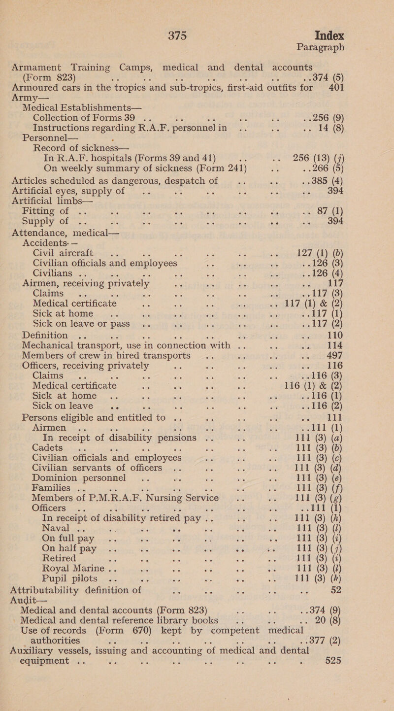 Paragraph (Form 823) .374 (5) Army— Medical eee b HNC = Collection of Forms 39 Instructions regarding R.A.F. personnel i in Personnel— Record of sickness— In R.A.F. hospitals (Forms 39 and 41) On weekly summary of sickness (Form 241) Articles scheduled as dangerous, despatch of Artificial eyes, supply of G4 uy Artificial limbs— Fitting of Supply of Attendance, medical— Accidents- — Civil aircraft i ‘ Civilian officials and employees” Civilians .. ; Airmen, receiving privately Claims .. Medical certificate Sick at home Sick on leave or pass Definition i% Mechanical transport, use in connection with .. Members of crew in hired transports Officers, receiving eee Claims Medical certificate Sick at home sick on leave ._ <. Persons eligible and entiticd to Airmen In receipt of disability pensions Cadets Civilian officials ‘and employees Civilian servants of officers Dominion personnel Families .. Members of P.M. R. AGE, “Nursing Service Officers .. In receipt of disability ‘retired pay . Naval .. On full pay ers As ° He On half pay .. = 6 a oe Retired ae aa ae bx 3 Royal Marine . Pupil pilots Attributability definition ohn Audit— Medical and dental accounts (Form 823) Medical and dental reference library books authorities equipment .. , .256 (9) . 14 (8) . .266 — — = —a = ped mio e | eed pend Ped 0 e -_-~~ 69 ae a ek 29°09 49 09 SS SSC en SS SS SS 111 111 111 — A .0909'69 —— 5 eee ee es O 111 111 111 111 111 — — — LL G9 G2 G2 Go Od eS SS Sw ae —_— Wen OT SS IQ eee ee ee eee