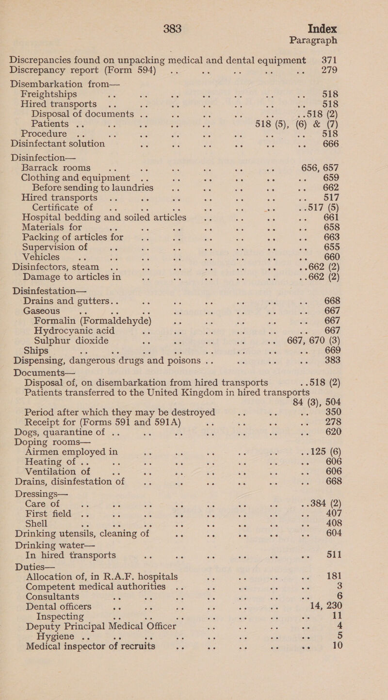 Discrepancy report (Form 594) Disembarkation from— Freightships Hired transports va Disposal of documents .. Patients .. Procedure Disinfectant solution — Disinfection— Barrack rooms ; Clothing and equipment Before sending to laundries Hired transports Cemincate of .. Hospital bedding and soiled articles Materials for ; Packing of articles for Supervision of Vehicles Disinfectors, steam Damage to articles in Disinfestation— Drains and gutters. . Gaseous ‘ Formalin (Formaldehyde) Hydrocyanic acid 3 Sulphur dioxide Ships me aa Dispensing, dangerous ‘drugs and poisons se Documents— 279 518 518 .<518 (2) (7) 518 666 659 662 517 661 658 663 655 660 667 668 667 667 667 669 383 Period after which they may be destroyed Receipt for (Forms 591 and eee. Dogs, quarantine of .. : Doping rooms— Airmen employed in Heating of . Ventilation of Drains, disinfestation of Dressings— Care of First field Shell Drinking utensils, cleaning of Drinking water— In hired transports Duties— Allocation of, in R.A.F. hospitals Competent medical authorities Consultants Dental officers Inspecting ; Deputy Principal Medical ‘Officer Hygiene .. : Medical inspector of recruits 350 278 620 606 606 668 407 408 604 S11 181 3 6 ds 230 11 4 5 10