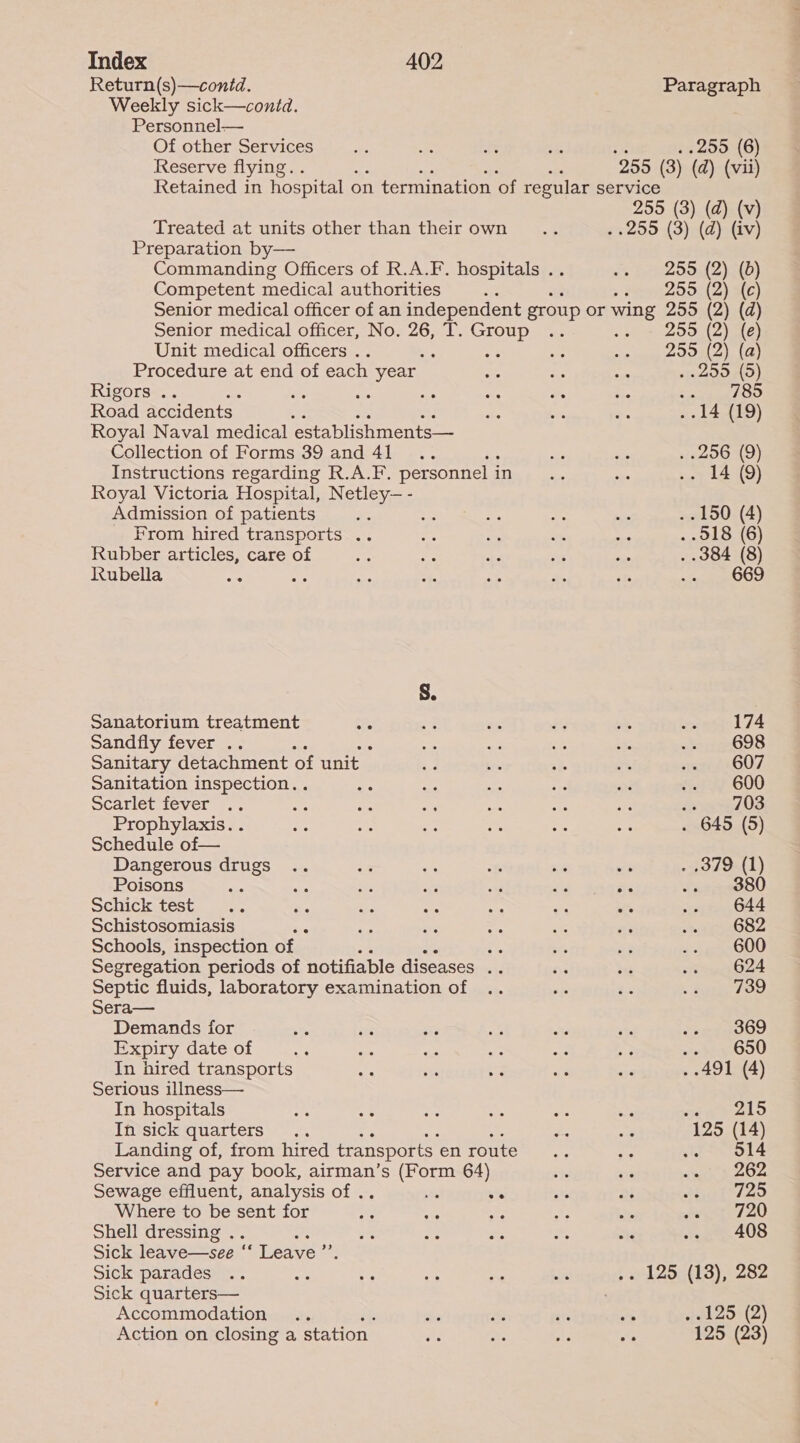 Return(s)—contd. Paragraph Weekly sick—contd. Personnel— Of other Services ee = ie 1 bs ..200 (6) Reserve flying. . ne 255 (3) (a) (vii) Retained in hospital c on termination of regular service 255 (3) (d) (v) Treated at units other than theirown .. . .259 (3) (ad) (iv) Preparation by— Commanding Officers of R.A.F. hospitals .. ws PZ DOad2)Ot0) Competent medical authorities te > ee 209) (2) sie) Senior medical officer of an independent group or wing 255 (2) (d) Senior medical officer, No. 26, T. Group .. 2 Sebo.) ¥ a Unit medical officers .. i AR os nie OOS Le Procedure at end of each year ote a ea Nery 4 Rigors .. Sie “ae me a cA ie Sc dhdr OO Road accidents 5 te bt e ..14 (19) Royal Naval medical establishments— Collection of Forms 39 and 41 .. Ss ze ac . -206 (9) Instructions regarding R.A.F. personnel in sie “hs ey 1A (9) Royal Victoria Hospital, Netley— - Admission of patients 5 + a Ae ba ..150 (4) From hired transports .. oe as sts ie ..018 (6) Rubber articles, care of ae ie ee es cis . .384 (8) Rubella be Re ay ite aa a of SOS S. Sanatorium treatment ote oe ee ie he eee 174 Sandfly fever .. oe ue a ws aon gs608 Sanitary detachment of unit sd is aye ‘ avert e607. Sanitation inspection. . Se Ak Ra GF a fw 600 Scatlettever se... te! Ee ss rs ote ore éxusg108 Prophylaxis. . ee re 3 A oe ar . 645 (5) Schedule of— Dangerous drugs .. ag oe 2% a6 or . .379 (1) Poisons he ae gu at 3g 2 Jase .. 380 SEMICLeSt, ie. x ik ae me a ie .. 644 Schistosomiasis , te ee we ses ae -=8 O82 Schools, inspection of ie ss ey Steel Segregation periods of notifiable diseases .. Ne vr wrewe¢ O24 Septic fluids, laboratory examination of .. sie és . See Foo Sera— Demands for - ie ee e ate a 2emgaoo Expiry date of RA ats Ss Big a oy vote 000 In hired transports ay a8 - Be “v6 . 491 (4) Serious illness— In hospitals of Ae 5% ae ee = way cls In sick quarters .. - & 125 (14) Landing of, from hired transports: enroute .. ae wes O14 Service and pay book, airman’s (Form 64) sts axe a» 3 202 Sewage effluent, analysis of .. ae s% sts a ehjteiap Where to be sent for Ae A ie a a sre 120 Shell dressing .. af 2% BG a ae oc .. 408 Sick leave—see ‘‘ Leave ”’ Sick parades .. Pep $e ve ae = .. 125 (13), 282 Sick quarters— Accommodation .. aks 2a tie ap » 125 (2) Action on closing a station i A se o's 125 (23)
