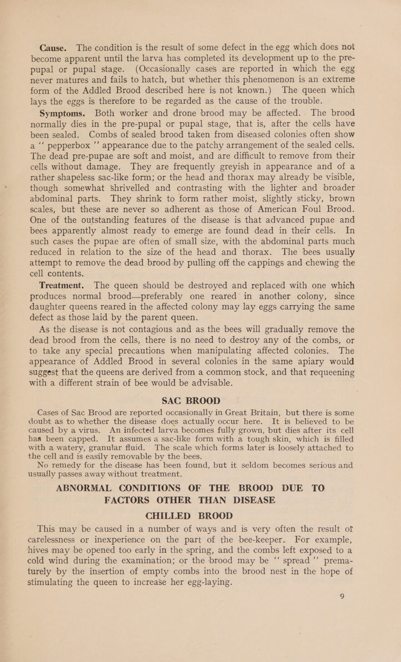 Cause. The condition is the result of some defect in the egg which does not become apparent until the larva has completed its development up to the pre- pupal or pupal stage. (Occasionally cases are reported in which the egg never matures and fails to hatch, but whether this phenomenon is an extreme form of the Addled Brood described here is not known.) The queen which lays the eggs is therefore to be regarded as the cause of the trouble. Symptoms. Both worker and drone brood may be affected. The brood normally dies in the pre-pupal or pupal stage, that is, after the cells have been sealed. Combs of sealed brood taken from diseased colonies often show a ‘‘ pepperbox ’’ appearance due to the patchy arrangement of the sealed cells. The dead pre-pupae are soft and moist, and are difficult to remove from their cells without damage. They are frequently greyish in appearance and of a rather shapeless sac-like form; or the head and thorax may already be visible, though somewhat shrivelled and contrasting with the lighter and broader abdominal parts. They shrink to form rather moist, slightly sticky, brown scales, but these are never so adherent as those of American Foul Brood. One of the outstanding features of the disease is that advanced pupae and bees apparently almost ready to emerge are found dead in their cells. In such cases the pupae are often of small size, with the abdominal parts much reduced in relation to the size of the head and thorax. The bees usually attempt to remove the dead brood by pulling off the cappings and chewing the cell contents. | Treatment. The queen should be destroyed and replaced with one which produces normal brood—preferably one reared in another colony, since daughter queens reared in the affected colony may lay eggs carrying the same defect as those laid by the parent queen. As the disease is not contagious and as the bees will gradually remove the dead brood from the cells, there is no need to destroy any of the combs, or to take any special precautions when manipulating affected colonies. The appearance of Addled Brood in several colonies in the same apiary would suggest that the queens are derived from a common stock, and that requeening with a different strain of bee would be advisable. SAC BROOD Cases of Sac Brood are reported occasionally in Great Britain, but there is some doubt as to whether the disease does actually occur here. It is believed to be caused by a virus. An infected larva becomes fully grown, but dies after its cell has been capped. It assumes a sac-like form with a tough skin, which is filled with a watery, granular fluid. The scale which forms later is loosely attached to the cell and is easily removable by the bees. No remedy for the disease has been found, but it seldom becomes serious and usually passes away without treatment. ABNORMAL CONDITIONS OF THE BROOD DUE TO FACTORS OTHER THAN DISEASE CHILLED BROOD This may be caused in a number of ways and is very often the result of carelessness or inexperience on the part of the bee-keeper. For example, hives may be opened too early in the spring, and the combs left exposed to a cold wind during the examination; or the brood may be “‘ spread ’’ prema- turely by the insertion of empty combs into the brood nest in the hope of stimulating the queen to increase her egg-laying.