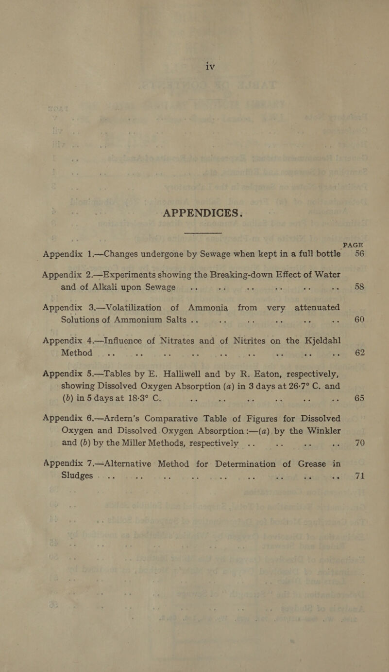 APPENDICES. &lt; PAGE Appendix 1.—Changes undergone by Sewage when kept in a full bottle 56 Appendix 2.—Experiments showing the Breaking-down Effect of Water and of Alkali upon Sewage .. a ae st He Se pe Appendix 3.—Volatilization of Ammonia from very attenuated Solutions of Ammonium Salts .. Se ne ae &gt; cine Ot) Appendix 4.—Influence of Nitrates and of Nitrites on the Kjeldahl Method... 3 a ai ye ae ee a3 tan, 02 Appendix 5.—Tables by E. Halliwell and by R. Eaton, respectively, showing Dissolved Oxygen Absorption (a) in 3 days at 26-7° C. and (6) in § days at 18-3° C. eS aS a oe ie ia, a Appendix 6.—Ardern’s Comparative Table of Figures for Dissolved Oxygen and Dissolved Oxygen Absorption :—(a). by the Winkler and (b) by the Miller Methods, respectively .. ie - sie tated Appendix 7.—Alternative Method for Determination of Grease in Sludges. .. % a ee oe x aE he iwitsoill