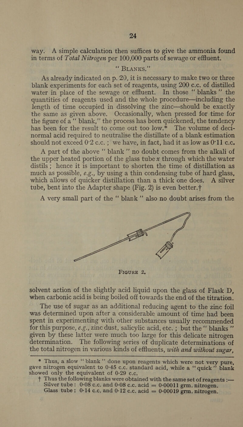 way. A simple calculation then suffices to give the ammonia found in terms of Total Nitrogen per 100,000 parts of sewage or effluent. ‘* BLANKS,” As already indicated on p. 20, it is necessary to make two or three blank experiments for each set of reagents, using 200 c.c. of distilled water in place of the sewage or effluent. In those “ blanks” the quantities of reagents used and the whole procedure—including the length of time occupied in dissolving the zinc—should be exactly the same as given above. Occasionally, when pressed for time for the figure of a ‘“‘ blank,” the process has been quickened, the tendency has been for the result to come out too low.* The volume of deci- normal acid required to neutralise the distillate of a blank estimation should not exceed 0:2 c.c. ; we have, in fact, had it as low as O'11 c.c. A part of the above “‘ blank’ no doubt comes from the alkali of the upper heated portion of the glass tube x through which the water distils ; hence it is important to shorten the time of distillation as much as possible, e.g., by using a thin condensing tube of hard glass, which allows of quicker distillation than a thick one does. A silver tube, bent into the Adapter shape (Fig. 2) is even better.f A very small part of the “‘ blank ”’ also no doubt arises from the FIGURE 2, solvent action of the slightly acid liquid upon the glass of Flask D, when carbonic acid is being boiled off towards the end of the titration. The use of sugar as an additional reducing agent to the zinc foil was determined upon after a considerable amount of time had been spent in experimenting with other substances usually recommended for this purpose, ¢.g., zinc dust, salicylic acid, etc. ; but the “‘ blanks ”’ given by these latter were much too large for this delicate nitrogen determination. The following series of duplicate determinations of the total nitrogen in various kinds of effluents, with and without sugar,  * Thus, a slow “ blank ’’ done upon reagents which were not very pure, gave nitrogen equivalent to 0-45 c.c. standard acid, while a ‘‘ quick”? blank showed only the equivalent of 0-29 c.c. + Thus the following blanks were obtained with the same set of reagents :— Silver tube: 0-08 c.c, and 0-08 c.c. acid = 0-00011 grm. nitrogen. Glass tube; 0:14 c.c, and 0-12 c.c. acid = 0-00019 grm. nitrogen.