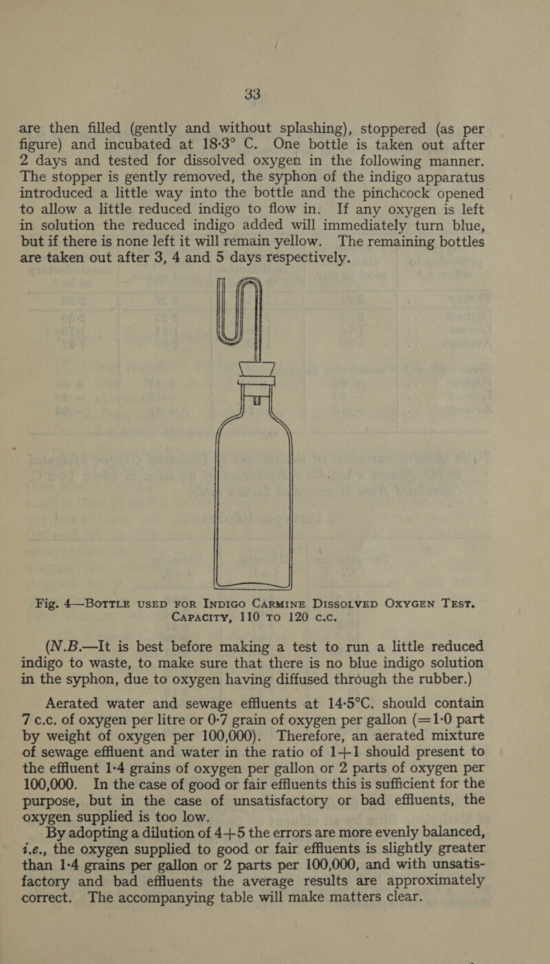 are then filled (gently and without splashing), stoppered (as per figure) and incubated at 18-3° C. One bottle is taken out after 2 days and tested for dissolved oxygen in the following manner. The stopper is gently removed, the syphon of the indigo apparatus introduced a little way into the bottle and the pinchcock opened to allow a little reduced indigo to flow in. If any oxygen is left in solution the reduced indigo added will immediately turn blue, but if there is none left it will remain yellow. The remaining bottles are taken out after 3, 4 and 5 days respectively. Fig. 4—BoTTLE USED FOR INDIGO CARMINE DISSOLVED OXYGEN TEST. . CAPACITY? 110'T0 120) Gc. (N.B.—It is best before making a test to run a little reduced indigo to waste, to make sure that there is no blue indigo solution in the syphon, due to oxygen having diffused through the rubber.) Aerated water and sewage effluents at 14-5°C. should contain 7 c.c. of oxygen per litre or 0-7 grain of oxygen per gallon (=1-0 part by weight of oxygen per 100,000). Therefore, an aerated mixture of sewage effluent and water in the ratio of 1+1 should present to the effluent 1-4 grains of oxygen per gallon or 2 parts of oxygen per 100,000. In the case of good or fair effluents this is sufficient for the purpose, but in the case of unsatisfactory or bad effluents, the oxygen supplied is too low. By adopting a dilution of 4-5 the errors are more evenly balanced, t.e., the oxygen supplied to good or fair effluents is slightly greater than 1-4 grains per gallon or 2 parts per 100,000, and with unsatis- factory and bad effluents the average results are approximately correct. The accompanying table will make matters clear.