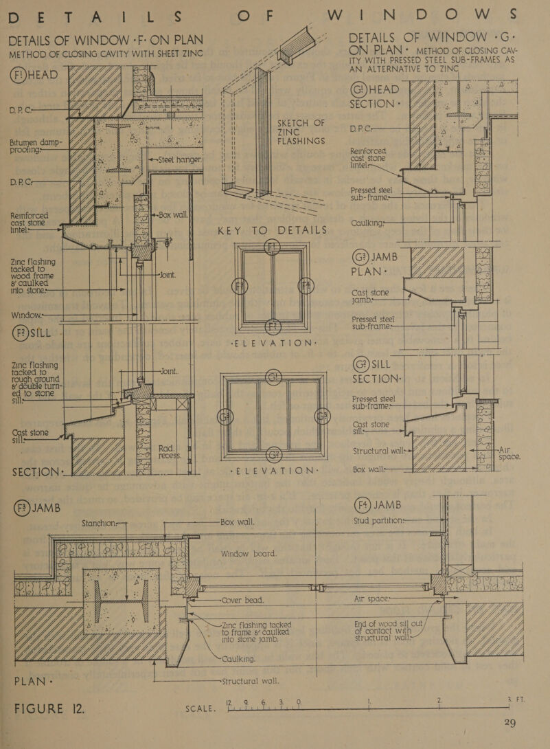 soi etait anita i lS eee ee ee ' oo eee ; (F)HEAD Yj; 7. DPC:  Bitumen damp- proofing: Ae We DPC: Reinforced cast stone lintel:      Oe, Hashing oa eo &amp; caulked into stone: Window:- (F)sILL Zinc flashing tacked to rough ground g double turn- Sie stone  SECTION: te  —s S Joint.. ZX Rad. recess  a a                  hieNieepa OF Wi. S DETAILS OF WINDOW °-G:- ON PLAN + METHOD OF CLOSING CAV- ITY WITH PRESSED STEEL SUB-FRAMES AS AN ALTERNATIVE TO ZINC G)HEAD WY SECTION =           SKETCH OF ZINC DPC: FLASHINGS Reinforced. cast stone lintel: Pressed steel sub- frame: Cast stone jamb:   Pressed steel sub-frame:       @)siILL   SEC TION:       Pressed steel sub-frame: Cast stone sil   Structural walls   Box wall: (F4) JAMB i     Stanchion: Box wall. Stud partition: ll Window board. | N y &lt;&gt; Le he. = =iY Aen nema Cover bead. Air space: =I, pee ei  12.              End of wood sil] out Io §     Ke gone aD. oh heehee Caulking. | Structural wall. 12a nO) 6. =) 0, i oR 3. PT, 