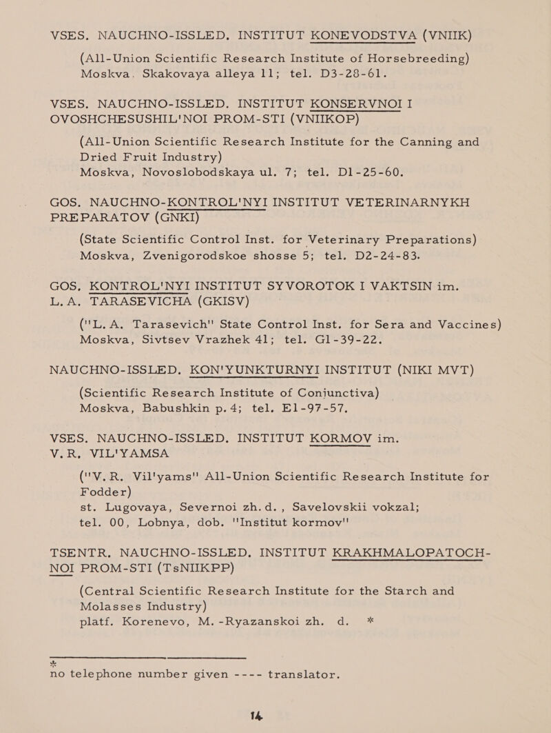 (All-Union Scientific Research Institute of Horsebreeding) Moskva. Skakovaya alleya 11; tel. D3-28-61. VSES. NAUCHNO-ISSLED. INSTITUT KONSERVNOI I OVOSHCHESUSHIL'NOI PROM-STI (VNIIKOP) (All-Union Scientific Research Institute for the Canning and Dried Fruit Industry) Moskva, Novoslobodskaya ul. 7; tel. Dl-25-60. GOS. NAUCHNO-KONTROL'NYI INSTITUT VETERINARNYKH PRE PARATOV (GNKI) (State Scientific Control Inst. for Veterinary Preparations) Moskva, Zvenigorodskoe shosse 5; tel. D2-24-83. GOS, KONTROL'NYI INSTITUT SYVOROTOK I VAKTSIN im. L.A. TARASEVICHA (GKISV) ('L. A. Tarasevich State Control Inst. for Sera and Vaccines) Moskva, Sivtsev Vrazhek 41; tel. Gl-39-22. NAUCHNO-ISSLED. KON'YUNKTURNYI INSTITUT (NIKI MVT) (Scientific Research Institute of Conjunctiva) Moskva, Babushkin p.4; tel. E1-97-57, VSES. NAUCHNO-ISSLED. INSTITUT KORMOV im. VesteeeVblg YY NMSe (V.R. Vil'yams All-Union Scientific Research Institute for Fodder) st. Lugovaya, Severnoi zh.d., Savelovskii vokzal; tel. 00, Lobnya, dob. Institut kormoy''! TSENTR. NAUCHNO-ISSLED, INSTITUT KRAKHMALOPATOCH- NOI PROM-STI (TsNIIKPP) (Central Scientific Research Institute for the Starch and Molasses Industry) platf. Korenevo, M.-Ryazanskoi zh. d. *  no telephone number given ---- translator.