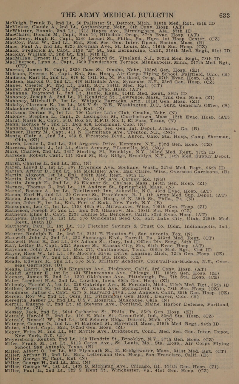 McVeigh, Frank B., 2nd Lt., 50 Pallister St., Detroit, Mich., 310th Med. Ret., 85th ID McVicker, Claude A., 2nd Lt., Gothenburg, Nebr., 6th Conv. Hosp. (AT) McWhirter, Bonnie, 2nd Lt., 1713 Hayes Ave., Birmingham, Ala., 87th ID MacClaire, Donald M., Capt., Box 10, Hillsdale, Oreg., 87th Evac. Hosp. (AT) MacCleery, Hugh R., Capt., 5240 Locust St., Phila., Pa., Hqrs. ist Hosp. Center, (CZ) MacCoy, Paul W., 2nd Lt., Enl., Med. Sec. Gen. Inter. Dpeot, Boston, Mass. (B) Mace, Paul A., 2nd Lt., 6225 Bowman Ave., St. Louis, Mo., 116th Sta. Hosp. (CZ) Mack, Frederick B., Capt., 1198 “E’’ St., San Bernardino, Calif., 316th Med. Regt., 91st ID Mackay, William C., 2nd Lt., Enl., 98th ID MacMillan, Ernest H., 1st Lt., 53 Howard St., Vineland, N.J., 308rd Med. Regt., 78th ID Me COr e Lynn A., Capt., 1300 Powderhorn Terrace, Minneapolis, Minn., 347th Med. Regt., Macrae, James R., Capt., 3830 Cass St., Omaha, Nebr., 123rd Gen. Hosp. (ZI) Midsaon, Everett E., Capt., Enl., Sta. Hosp., Air Corps Flying School, Fairfield, Ohio, (B) Madison, Karl R., 2nd Lt., 670 E. 18th St., N., Portland, Oreg., 87th Evac. Hosp. (AT) Madsen, Harold O., 2nd Lt., 436 Hillsdale Ave., Syracuse, N.Y., 23rd Gen. Hosp. (CZ) Magee, Chester F., 2nd Lt., Bath, S.C., 344th Med. Ret. (CT) Mager, Arthur N., 2nd Lt., Enl., 35th Evac. Hosp. (AT) Mahanna, Raymond L., 2nd Lt., Hoxie, Kans., 314th Med. Regt., 89th ID Mahoney, Joseph A., 2nd Lt., 27 Kendrick St., Lawrence, Mass., 72nd Gen. Hosp. (ZI) Mahoney, Mitchell P., Ist Lt., Whipple Barracks, Ariz., 131st Gen. Hosp. (ZI) Malaby, Clarence E., 1st Lt., 308 V St., N.E., Washington, D.C., Surg. General’s Office, (B) Malachowski, Stanley, 2nd Lt., Enl. (N) Malkson, Dorian B., 1st Lt., 100 Carter Lake Club, Omaha, Nebr. (N) Maloney, Stephen L., Capt., 20 Lexington St., Charlestown, Mass., 12th Evac. Hosp. (AT) Maluf, Nasib K., Capt., P.O. Box 56, R.F.D. No. 1, El Paso, Texas, (N) Mann, Horace W., 2nd Lt., Box 456, Longmont, Colo. (N) Manning, Charles G., Capt., W.O., Med. Sec. Gen. Int. Depot, Atlanta, Ga. (B) Manser, Harry M., Capt., 411 N. Hermitage Ave., Trenton, N.J., (NG) Bee tise 4nd Lt., 453 S. Firestone Bivd., Akron, Ohio, Sta. Hosp., Camp Sherman, io, March, Leslie I., 2nd Lt., 244 Argonne Drive, Kenmore, N.Y., 23rd Gen. Hosp. (CZ) Maresca, Robert J., ist Lt., State Armory, Pikesville, Md. (NG) Mars, Charles, 2nd Lt., 1457 Sterling Pl., Brooklyn, N.Y., 302nd Med. Regt., 77th ID mitre Robert, Capt., 111 92nd St., Bay Ridge, Brooklyn, N.Y., 14th Med. Supply Depot, (CZ) Marsh, Charles L., 2nd Lt., Enl. (N) Marsh, Lloyd D., 1st Lt., 507 Riverside Ave., Spokane, Wash., 321st Med. Regt., 96th ID Marten, Arthur D., 2nd Lt., 515 McKinley Ave., Eau Claire, Wisc., Overseas Garrisons, (B) Martin, Aloyous, ist Lt., Enl., 305th Med. Regt., 80th ID Martin, John. S., 1st Lt., R.F.D. No. 1, 3rd Ave., Carney, Md. (NG) Martin, Joseph E., 2nd Lt., 83 Eleanor St., Chelsea, Mass., 146th Gen. Hosp. (ZI) Maruca, Thomas R., 2nd Lt., 119 Andrew St., Springfield, Mass. (N) Marvel, Roscoe A., 1st Lt., Kenilworth Inn, Asheville, N.C., 43rd Evac. Hosp. (AT) Mason, Harl H., 2nd Lt., 20 Greene St., Providence, R. I., 4th Army Med. Sup. Depot, (AT) Mason, James B., Ist Lt., Presbyterian Hosp., 46 N. 39th St., Phila., Pa. (N) Mason, John P., ist Lt., Enl., Port of Emb., New York, N.Y. (B) Massopust, Leo C., 1st Lt., 1183 46th St., Milwaukee, Wisc., 109th Gen. Hosp. (ZI) Matheson, Joseph P., 2nd Lt., Box 363, Glasgow, Mo., 108th’ Sta. Hosp. (CZ) Mathews, Elino D., Capt., 2233 Eunice St., Berkeley, Calif., 88rd Evac. Hosp. (AT) Mathews, Robert S., Ist Lt., c/o Occidental Seed Co., Salt Lake City, Utah, 329th Med. Reegt., 104th ID Matthews, Paul R., Ist Lt., 910 Fletcher Savings &amp; Trust Co. Bldg., Indianapolis, Ind., 48th Evac. Hosp. (AT) Maurer, Rudolph R., Jr., 2nd Lt., 2121 E. Houston St., San Antonio, Tex. (N) Maxwell, John J., 2nd Lt., 222 Shenango Blvd., Farrell, Pa., 348rd Med. Regt. (CT) Maxwell, Paul R., 2nd Lt., 248 Adams St., Gary, Ind., Office Div. Surg., 84th ID May, LeRoy D., Capt., 2321 Spruce St., Kansas City, Mo., 64th Evac. Hosp. (AT) Maycann, John A., Ist Lt., Box 271, Chattanooga, Tenn., 306th Med. Ret.,; 81st ID Mayer, Ross W., ist Lt., 509 Moore’s River Drive, Lansing, Mich., 12th Gen. Hosp. (CZ) Mead, Eugene W., 2nd Lt., Enl., 144th Sta. Hosp. (CZ) Meade, Edward R., 2nd Lt., c/o N.Y. Military Academy, Cornwall-on-Hudson, N.Y., Over- seas Garrisons, (B) Meade, Harry, Capt., 970 Kingston Ave., Piedmont, Calif., 3rd Conv. Hosp. (AT) Mealiff, Arthur E., 1st Lt., 431 Winneconna Ave., Chicago, Ill., 108th Gen. Hosp. (ZI) Meenen, James E., 2nd Lt., 1201 Oklahoma Ave., Pittsburgh, Pa., 7th Sta. Hosp. (CZ) Meier, Lambert H.A., 2nd Lt., Lowden, Iowa, 60th Gen. Hosp. (ZI) Melendy, Harold A., ist Lt., 326 Oakridge Ave., E. Ferndale, Mich., 310th Med. Ret., 85th [D Mellott, Merrill H., lst Lt., 32 W. Euclid Ave., Springfield, Ohio, 78th Sta. Hosp. (CZ) Mendonse, Julius C., Capt., 4279 S. Harvard Blva., Los Angeles, Calif., 35th Gen. Hosp. (CZ) Mercer, Roy W., 2nd Lt., Odin, Iil., Fitzsimons Gen. Hosp., Denver, Colo. (B) Meredith, Jasper D., 2nd Lt., U.S.V. Hospital, Muskogee, Okla. (N) Merrill, eae C., 2nd Lt., 42 Stevens Ave., Portland, Maine, Harbor Defense, Portland, Maine, (ZI) Messey, Jack, 2nd Lt., 5644 Catherine St., Phila., Pa., 85th Gen. Hosp. (ZI) Metcalf, Harold B., 2nd Lt., 410 E. Main St., Greenfield, Ind., 82nd Sta. Hosp. (CZ) Metcalf, Russell W., 2nd Lt., 306 Scherer Bldg., Detroit, Mich. (N) Meteyer, George O., 2nd Lt., 97 Blaisdell St., Haverhill, Mass., 319th Med. Regt., 94th ID Metze, Albert, Capt., Enl., 102nd Gen. Hosp. (ZI) Meyer, Fritz M., 2nd Lt., 647 Myrtle Ave., Bridgeport, Conn., Med. Sec. Gen. Inter. Depot, New York, N.Y. (B): ; Meyersburg, Reuben, 2nd Lt., 160 Hendrix St., Brooklyn, N.Y., 37th Gen. Hosp. (CZ) Miles, Frank M., ist Lt., 5112 Cates Ave., St. Louis, Mo., Sta. Hosp., Air Corps Flying School, San Antonio, Texas, (B) . Miller, Albert O., 1st Lt., 968 Plymouth St., E. Bridgewater, Mass., 341st Med. Ret. (CT) Miller, Arthur H., 2nd Lt., Enl., Letterman Gen. Hosp., San Francisco, Calif. (B) Miller, George E., Capt., Enl. (N) - Miller, George H., 2nd Lt., Enl. (N)_ 4 ; Miller, George W., ist Lt., 1439 S. Michigan Ave., Chicago, Ill., 114th Gen. Hosp. (ZI) Miller, Paul L., 2nd Lt., 522 S. Kent St., Winchester, Va., 41st Gen. Hosp. (CZ)