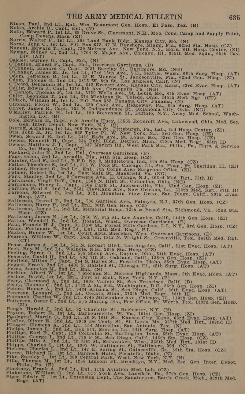 Nixon, Paul, 2nd Lt., Enl., Wm. Beaumont Gen. Hosp., El Paso, Tex. (B) Nolan, Archie B., Capt., Enl., (N) Nolin, Edward P., 1st Lt., 69 Grove St., Claremont, N.H., Mob. Conc. Camp and Supply Point, Camp Devens, Mass. (ZI) Norris, Walter F., 1st Lt., 204 Land Bank Bldg., Kansas City, Mo. (N) Norsk, John C., 1st Lt., P.O. Box 678, 47 N. Bayshore, Miami, Fla., 62nd Sta. Hosp. (CZ) Nugent, Edward T., Capt., 730 Melrose Ave., New York, N.Y., Hars., 6th Hosp. Center, (ZI) Nyman, Sidney C., 2nd Lt., 1704 N. Major Ave., Chicago, Ill., 865th Med. Sqdn., 65th Cav. ehdiv. (AT) Oakley, Gurney O., Capt., Enl., (N) O’Banion, Ernest F., Capt., Enl., Overseas Garrisons, (B) O'Connell, Richard C., Capt., 2021 Barclay St., Baltimore, Md. (NG) O’Connor, James M., Jr., Ist Lt., 4746 15th Ave., S.E., Seattle, Wash., 68th Surg. Hosp. (AT) Odom, Jefferson B., Ist Lt., 33 E. Monroe St., Jacksonville, Fla., 62nd Gen. Hosp. (ZI) Odom, Thomas G., 2nd Lt., 2815 W. 8th St., Los Angeles, Calif. (N) O’Dowd, Benjamin H., 1st Lt., 642 Everett Ave., Kansas City, Kans., 63rd Evac. Hosp. (AT) Oellig, Edwin J., Capt., 1210 5th Ave., Coraopolis, Pa. (NG) O’Hanlon, Thomas F., 1st Lt., 5150 Wells Ave., St. Louis, Mo., 4th Evac. Hosp. (AT) Ohler, Leonidas T., 2nd Lt., 314 Michigan St., Toledo, Ohio, 345th Med. Regt. (CT) Oldach, William H., Ist Lt., P.O. Box 382, Panama City, Panama, (N) Oliphant, Floyd W., 2nd Lt., 220 Cook Ave., Ridgeway, Pa., 8th Surg. Hosp. (AT) Oliver, James R., Capt., 152 N. Independence St., Oklahoma City, Okla. (NG) O’Malley, Patrick H., 1st Lt., 190 Stevenson St., Buffalo, N.Y., Army Med. School, Wash- ington, D.C. (B) Oole, Edward E., Capt., c/o Amelia Huey, 15555 Roycroft Ave., Lakewood, Ohio, Med. Sec. Gen. Inter. Depot, New York, N.Y. (B) Oseroff, Abraham, 1st Lt., 906 Forbes St., Pittsburgh, Pa., Lab., 3rd Hosp. Center, (ZI) Otis, John E., Jr., 1st Lt., 685 Tyler Pl., W. New York, N.J., 3rd Gen. Hosp. (CZ) Owen, Seward E., 2nd Lt., 3416 Eads Ave., St. Louis, Mo., 58rd Gen. Hosp. (CZ) Owens, Kenneth H., Capt., 234 Buhl Bldg., Detroit, Mich., 310th Med. Regt., 85th ID Owens, Matthew J. I., Capt., 1237 Marlyn Rd., West Park Sta., Phila., Pa., Hqrs. &amp; Servize Co., lst Hosp. Center, (CZ) Packard, John K., 2nd Lt., Enl., Overseas Garrisons, (B) Page, Orion, 2nd Lt., Arcadia, Fla., 64th Sta. Hosp. (CZ) Painter, Carl F., 2nd Lt., R.F.D. No. 2, Middletown, Ind., 4th Sta. Hosp. (CZ) Pallas, Theodore §., 2nd Lt., 816 W. Polk St., Chicago, Ill., Sta. Hosp., Ft. Sheridan, Ill. (ZI) Palmer, Herbert O., 2nd Lt., Enl., 7th Corps Area Surgeons Office, (ZI) Palmer, Robert R., 1st Lt., East Main St., Mansfield, Pa. (NG) Park, Stanley, 2nd Lt., 2 Carnegie Ave., E. Orange, N.J., 303rd Med. Ret., 78th ID Parkinson, Virgil DeV., Capt., 1368 N. High St., Columbus, Ohio, (NG) Parramore, Henry L., Capt., 1504 Park St., Jacksonville, Fla., 62nd Gen. Hosp. (ZI) Parrino, Paul S., 2nd Lt., 2531 Cleveland Ave., New Orleans, La., 312th Med. Ret., 87th ID Parsons, ets D., 2nd Lt., 3321 Mountain View Drive, San Diego, Calif., 90th Evac. Hosp. (A t Patterson, Drexel P., 2nd Lt., 736 Garfield Ave., Palmyra, N.J., 37th Gen. Hosp. (CZ) Patterson, Harry P., 2nd Lt., Enl., 30th Gen. Hosp. (CZ) Patterson, oe L., 2nd Lt., Memorial Hosp., 12th &amp; Broad Sts., Richmond, Va., 52nd Sta. Hosp. (C Patterson, James N., 1st Lt., 3950 W. 6th St., Los Angeles, Calif., 144th Gen. Hosp. (ZI) Patton, Wendell B., 2nd Lt., Rosalia, Wash., Overseas Garrisons, (B) Paul, Francis H. J., Capt., 35 Bow St., Forest Hills Gardens, L.I., N.Y., 3rd Gen. Hosp. (CZ) Paule, Fortunato B., 2nd Lt., Enl., 12th Med. Regt., P.I. Paxton, Homer W., ist Lt., Court Apts. Sheridan, Wyo., Overseas Garrisons, (B) uiaantss William W., Capt., Box 742, 1812 N. Wright St., Greenville, Tex., 348th Med. Ret. Pease, James A., 1st Lt., 581 N. Hobart Blv4d., Los Angeles, Calif., 81st Evac. Hosp. (AT) Peck, Roy M., 2nd Lt., Walpole, N.H., 26th Sta..Hosp. (CZ) Peeling, Byron O., 2nd Lt., 568 Shoop Ave., Dayton, Ohio, 54th Evac. Hosp. (AT) Pencovic, David H., 2nd Lt., 802 7th St., Oakland, Calif., 138th Gen. Hosp. (ZI) Penfield, Milton F., Capt., 244 S. Hayes St., Pocatello, Idaho, 85th Evac. Hosp. (AT) Pepper, Frank, 2nd Lt., 4405 S. Halsted St., Chicago, I1l., 45th Surg. Hosp. (AT) Perez, Asuncion M., 2nd Lt., Enl., (N) Perkins, Albert W., 1st Lt., 7 Morgan St., Melrose Highlands, Mass., 5th Evac. Hosp. (AT) Perlow, David, Ist Lt., Enl., Port of Emb., New York, N.Y. (B) Perry, Clarmond A., 2nd Lt., 1608 Vallejo St., San Francisco, Calif. (B) Perry, Thomas C., 2nd Lt., 1733 A St., S.E., Washington, D.C., 86th Gen. Hosp. (ZI) Peters, Homer A., 2nd Lt., 3434 Arizona St., San Diego, Calif., 90th Evac. Hosp. (AT) Peterson, Leonard C., 2nd Lt., Cokato, Minn., 313th Med. Regt., 88th ID Petranek, Charles W., 2nd Lt., 4745 Milwaukee Ave., Chicago, I11., 113th Gen. Hosp. (ZI) ee Oscar E., 2nd Lt., c/o Mailing Div., Post Office, Ft. Worth, Tex., 133rd Gen. Hosp. Peugh, Harold J., 2nd Lt., 92 Charlotte St., Rochester, N.Y. (N) Peyton, Robert E., 1st Lt., Barboursville, W. Va., 101st Gen. Hosp. (ZI) Pgalzgraf, Martin O., 2nd Lt., 20 S. 16th St., Kansas City, Kans., 63rd Evac. Hosp. (AT) Pfeffer, Oliver E., 2nd Lt., 3959 De Tenty St., St. Louis, Mo., 327th Med. Ret., 102nd ID Pfluger, Clemens A., 2nd Lt., 154 Morrellan, San Antonio, Tex. (N) Phelps, James L., 2nd Lt., Box 517, Monroe, La., 24th Surg. Hosp. (AT) Phillips, Earl F., Capt., 120 Columbia St., Burlington, Iowa, 65th Evac. Hosp. (AT) Phillips, George I., 2nd Lt., 738 F St., San Diego, Calif., 146th Sta. Hosp. (CZ) Phillips, Milo A., 2nd Lt., 72 31st St., Milwaukee, Wisc., 326th Med. Ret., 101st ID Phipps, Charles S., Ist Lt., 1807 W. Baltimore St., Baltimore, Md. (N) Pickens, Charles L., 2nd Lt., 147 E. Spring St., Gainesville, Ga., 69th Sta. Hosp. (CZ) Pierce, Richard K., 1st Lt., Bannock Hotel, Pocatello, Idaho, (N) Pike, Stanley I., Ist Lt., 300 Central Park, West, New York, N.Y. €N) Pilla, Thomas M., Ist Lt., 1258 Lincoln Pl., Brooklyn, N.Y., Med. Sec. Gen. Inter. Depot, Phila., Pa. (B) Pinckney, Frank A., 2nd Lt., Enl., 11th Aviation Med. Lab. (CZ) Pinkstone, William G., 2nd Lt., 615 York Ave., Lansdale, Pa., 27th Gen. Hosp. (CZ) Piper, Edwin K., 1st Lt., Extension Dept., The Sanatorium, Battle Creek, Mich., 369th Med. Regt. (AT)