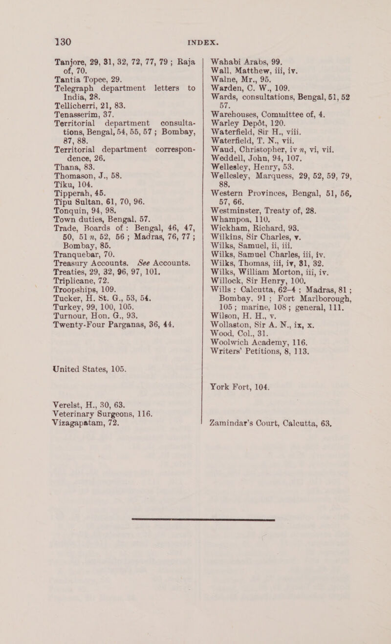 Tanjore, 29, 31, 32, 72, 77, 79; Raja of, 70. Tantia Topee, 29. Telegraph department letters to India, 28 Tellicherri, 21, 83. Tenasserim, 37. Territorial department consulta- tions, Bengal, 54, 55,57; Bombay, 87, 88. Territorial department correspon- dence, 26, Thana, 83. Thomason, J., 58. Tiku, 104. Tipperah, 45. Tipu Sultan, 61, 70, 96. Tonquin, 94, 98. Town duties, Bengal, 57. Trade, Boards of: Bengal, 46, 47, 50, 51, 52, 56; Madras, 76, 77; Bombay, 85. Tranquebar, 70. Treasury Accounts, See Accounts. Treaties, 29, 32, 96, 97, 101. Triplicane, 72. Troopships, 109. Tucker, H. St. G., 53, 54. Turkey, 99, 100, 105. Turnour, Hon. G., 93. Twenty-Four Parganas, 36, 44. United States, 105. Verelst, H., 30, 63. Veterinary Surgeons, 116. Vizagapatam, 72. Wahabi Arabs, 99. Wall, Matthew, iii, iv. Walne, Mr., 95. Warden, C. W., 109. Wards, consultations, Bengal, 51, 52 57. Warehouses, Committee of, 4. Warley Depét, 120. Waterfield, Sir H., viii. Waterfield, T. N., vii. Waud, Christopher, iv , vi, vii. Weddell, John, 94, 107. Wellesley, Henry, 53. Wellesley, Marquess, 29, 52, 59, 79, 88, Western Provinces, Bengal, 51, 56, 57, 66. Westminster, Treaty of, 28. Whampoa, 110, Wickham, Richard, 93. Wilkins, Sir Charles, v. Wilks, Samuel Charles, iii, iv. Wilks, Thomas, iii, iv, 31, 32. Wilks, William Morton, iii, iv. Willock, Sir Henry, 100. Wills: Calcutta, 62-4 ; Madras, 81 ; Bombay, 91; Fort Marlborough, 105; marine, 108; general, 111. Wilson, H. H., v. Wollaston, Sir A. N., ix, x. Wood, Col., 31. Woolwich Academy, 116. Writers’ Petitions, 8, 113. York Fort, 104. Zamindar’s Court, Calcutta, 63.
