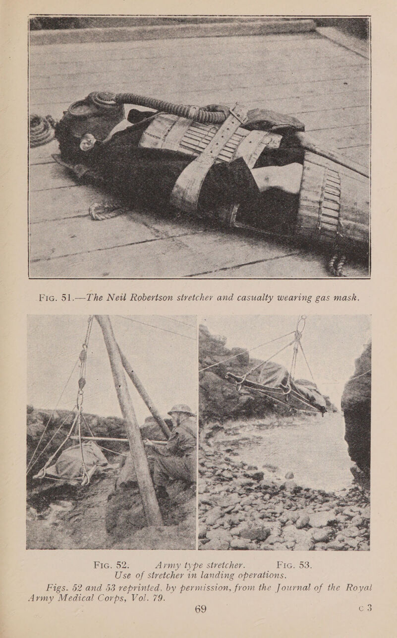   Fic. 92: Army type stretcher. Fig. 5 . Use of stretcher in landing operations. Figs. 52 and 53 veprinted, by permission, from the Journal of the Royal Aymy Medical Corps, Vol. 79.