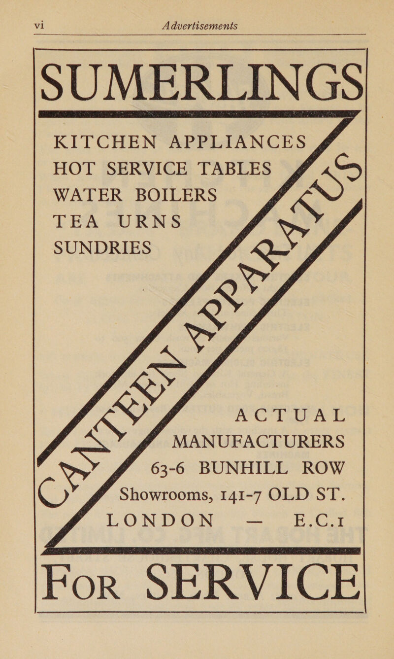 SUMERLINGS KITCHEN APPLIANCES HOT SERVICE TABLES WATER BOILERS TEA «URNS SUNDRIES            ACTA. f MANUFACTURERS f 63-6 BUNHILL ROW y Showrooms, 141-7 OLD ST. LONDON 7 f-e 