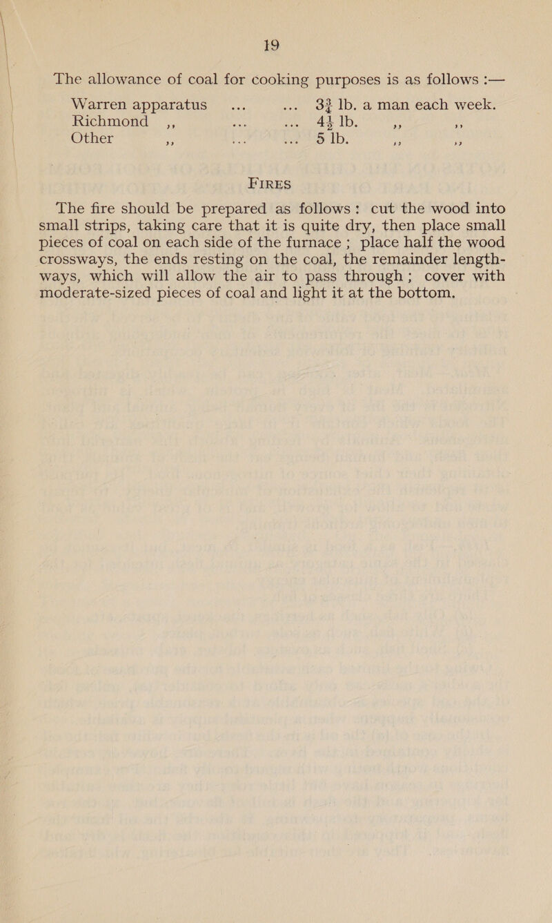 The allowance of coal for cooking purposes is as follows :— Warren apparatus... ... 3}?1b. aman each week. Richmosd.” ,; ae ... 44 Ib. Pas ys Other Pa oe beens: ID. Ks FIRES The fire should be prepared as follows: cut the wood into small strips, taking care that it is quite dry, then place small pieces of coal on each side of the furnace ; place half the wood crossways, the ends resting on the coal, the remainder length- ways, which will allow the air to pass through ; cover with moderate-sized pieces of coal and light it at the bottom.