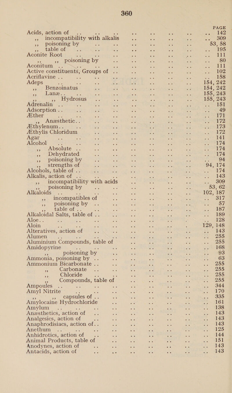 Acids, action of ie incompatibility with alkalis », poisoning by 55 vable-of Aconite Root ty », poisoning by Aconitum se Active constituents, “Groups of Acriflavine .. ae Bs Adeps ue », Benzoinatus » Lane. a Hydrosus Adrenalin Adsorption . 7Ether an ,», Anesthetic. AEthylenum.. /Ethylis Chloridum _ Agar : Alcohol 3 ,, Absolute 5, Webhydrated »» poisoning by ,, strengths of Alcohols, table of . Alkalis, action of », incompatibility with acids », poisoning by = Alkaloids ie me », incompatibles of », poisoning by 7 kableot = Alkaloidal Salts, table of . Aloe. i Pcs Aloin Alteratives, ‘action of Alumen Aluminium Compounds, table of - Amidopyrine ‘ es poisoning by Ammonia, poisoning by Ammonium Bicarbonate .. Ba Carbonate Chloride core table of | Ampoules Amy] Nitrite -_ capsules of . Amylocaine Hydrochloride Amylum Anesthetics, action of Analgesics, action of : Anaphrodisiacs, action of.. Anethum Anhidrotics, action of a Animal Products, table of Anodynes, action of ae Antacids, action of as ee 142 309 154, 154, 155, 155, 94, 195 111 80 111 102 158 242 242 243 243 151 49 171 172 173 172 141 174 174 174 94 174 174 143 309 102, 187 317 57 187 189 128 148 143 255 255 168 93 63 255 255 255 255 344 170 335 161 138 143 143 143 125 144 151 143 143