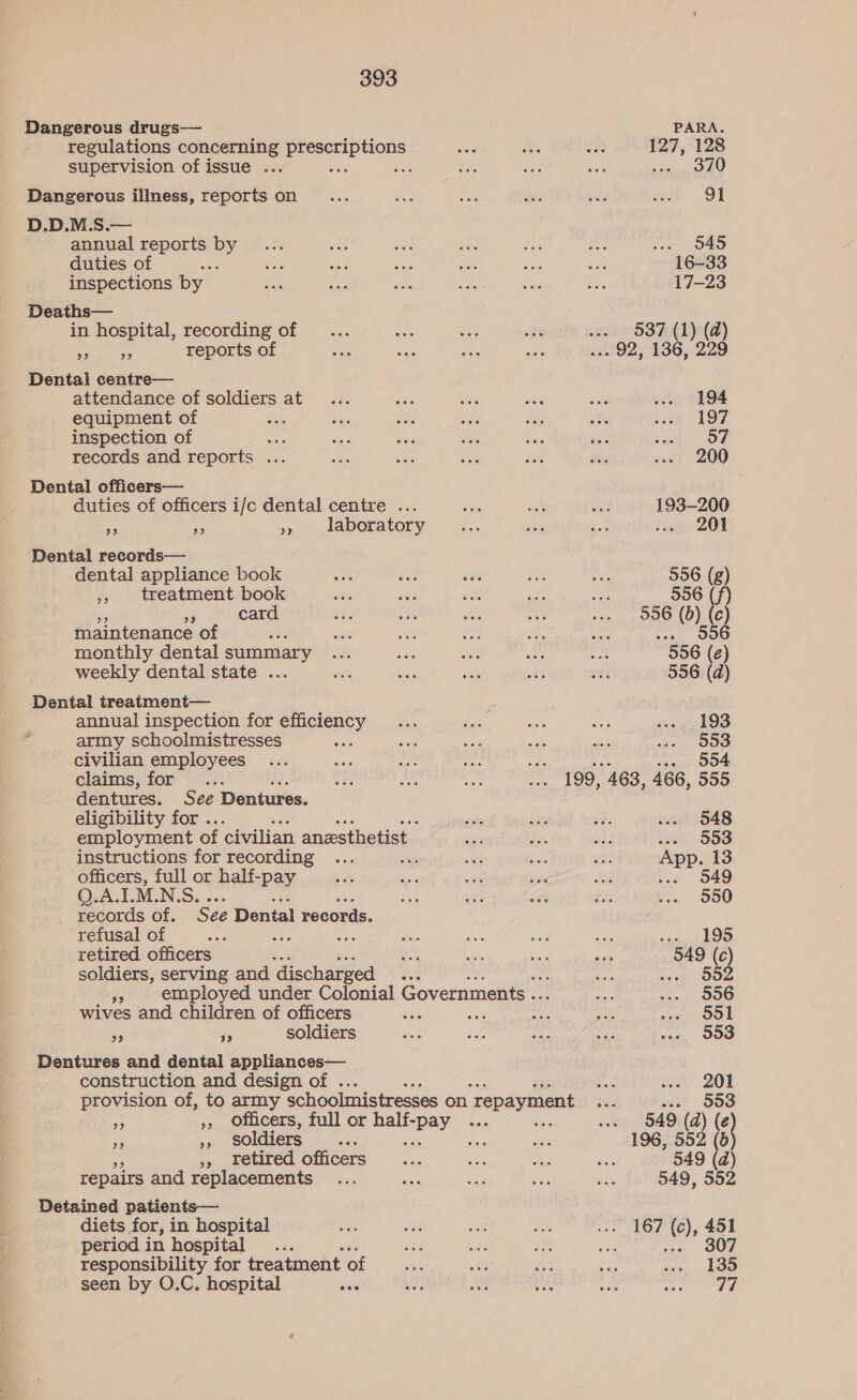 - Dangerous drugs— D.D.M.S.— duties of inspections by Deaths— Dentai centre— attendance of soldiers at 194 equipment of ; 197 inspection of are 57 records and reports ... 200 Dental officers— duties of officers i/c dental centre ... 193-200 se ~ », laboratory tiara LOT Dental records— dental appliance book 556 (g) ,, treatment book 556 (f) p card 556 (d) (c) maintenance of : ses 906 monthly dental summary 556 (é) weekly dental state ... 556 (d) Dental treatment— annual inspection for efficiency 193 army schoolmistresses : 553 civilian employees .. 554 claims, for a 199, 463, 466, 555 dentures. See Dentures. eligibility for .. 548 employment of ‘civilian anesthetist tat 553 instructions for recording App. 13 officers, full or half-pay ... 349 Q.A.I. MNS. . 550 _ records of. See Dental records. refusal of sie qt LOD retired officers 549 (c) soldiers, serving and ‘discharged na 552 Pe employed under Colonial Governments .. 556 wives and children of officers oa 551 i. 3 soldiers 553 Dentures and dental appliances— construction and design of ie wee QOL provision of, to army schoolmistresses on Tepayment roe «.. 90d oe », Officers, full or Helepey sa . 549 (a) (e ie », soldiers A re 196, 552 (6 », retired officers 549 (d) repairs and replacements 549, 552 PARA. 127, 128 en 200 91 . 345 16-33 17-23 . 537 (1) (d) .. 92, 136, 229 ... 167 (c), 451 7 S08 135 77