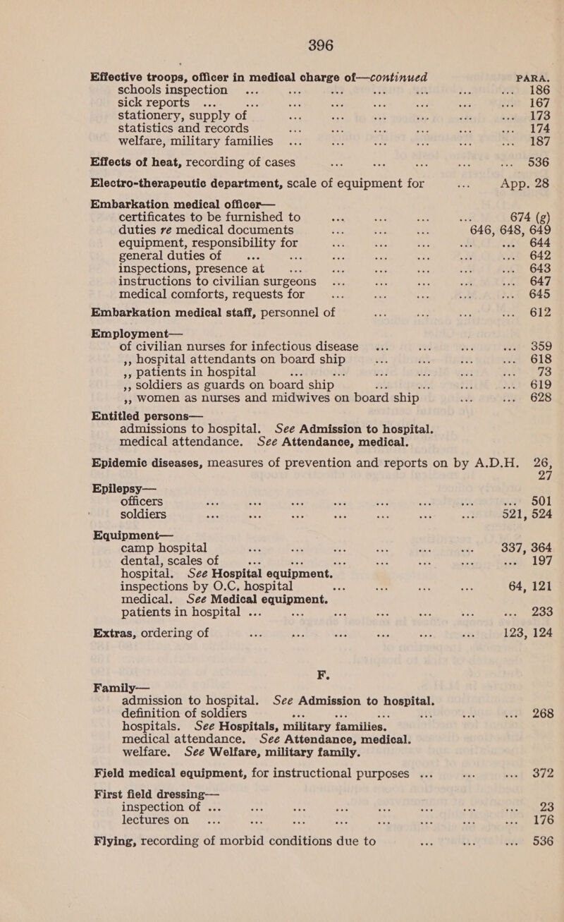 Effective troops, officer in medical charge of—continued schools inspection aaa sick reports stationery, supply of | statistics and records welfare, military families Effects of heat, recording of cases Electro-therapeutic department, scale of equipment for Embarkation medical officer— certificates to be furnished to duties ve medical documents equipment, responsibility for general duties of ae inspections, presence at instructions to civilian surgeons medical comforts, requests for Embarkation medical staff, personnel of Employment— of civilian nurses for infectious disease », hospital attendants on board Sine », patients in hospital i : », soldiers as guards on board ship. »» Women as nurses and midwives on board ship | Entitled persons— medical attendance. See Attendance, medical. PARA. 186 167 173 174 187 536 App. 28 674 (g) 644 642 643 647 645 612 359 618 73 619 628 Epilepsy— officers soldiers Equipment— camp hospital dental, scales of 2 hospital. See Hospital equipment. inspections by O.C, hospital + medical. See Medical equipment. patients in hospital . iain Extras, ordering of F. Family— definition of soldiers hospitals. See Hospitals, military families. medical attendance. See Attendance, medical. welfare. See Welfare, military family. Field medical equipment, for instructional purposes First field dressing— inspection of ... lectures on Flying, recording of morbid conditions due to 27 .. 501 521, 524 337, 364 ee 197 64, 121 233 123, 124 268 372 23 176 536