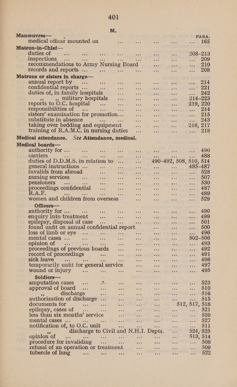 M. Mancuvres— \ PARA. medical officer mounted on 165 Matron-in-Chief— duties of 208-213 inspections : 209 recommendations to ‘Army Nursing Board 210 records and reports ... : is 208 Matrons or sisters in charge— annual report by ...., 214 confidential reports ... 221 duties of, in family hospitals. 242 ,, military hospitals 214-223 reports to O.C. hospital ; 219, 220 responsibilities of 214 sisters’ examination for promotion... 215 substitute in absence .. 243 taking over bedding and equipment 216, 217 training of R.A.M.C. in nursing duties “abu 218 Medical attendance. See Attendance, medical. Medical boards— authority for . 490 carriers an Ad 488 duties of D.D. M. S: in ‘relation tO <2 tee 490-492, 508, 510, 514 general instructions ... sans bik 485-487 invalids from abroad en ae nursing services 507 pensioners... 530 proceedings confidential 487 R.A.F. i 489 women and children from overseas | 529 Officers— authority for . : 490 enquiry into treatment 499 epilepsy, disposal of case... ’ 501 found unfit on annual confidential report 500 loss of limb or eye phe 3 oF, 496 mental cases ... 502-506 opinion of : . 493 proceedings of previous boards 492 record of proceedings 491 sick leave 498 temporarily unfit for general service 497 wound or injury ae, = 495 Soldiers— amputation cases... ae 523 approval of board 510 discharge 516 authorization of discharge ... documents for : epilepsy, cases of... less than six months’ service mental cases ... notification of, to O. Cc unit opinion of . procedure for invaliding : refusal of an operation or treatment tubercle of lung vs Sas 520 527 eh 524, 525 513, 514 508 509 522