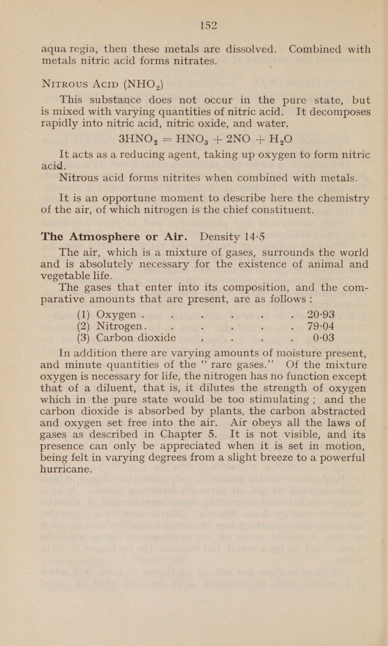 aqua regia, then these metals are dissolved. Combined with metals nitric acid forms nitrates. Nirrovus Acip (NHO,) This substance does not occur in the pure state, but is mixed with varying quantities of nitric acid. It decomposes rapidly into nitric acid, nitric oxide, and water. 3HNO, = HNO, + 2NO + H,O It acts as a reducing agent, taking up oxygen to form nitric acid. Nitrous acid forms nitrites when combined with metals. It is an opportune moment to describe here the chemistry of the air, of which nitrogen is the chief constituent. The Atmosphere or Air. Density 14-5 The air, which is a mixture of gases, surrounds the world and is absolutely necessary for the existence of animal and vegetable life. The gases that enter into its composition, and the com- parative amounts that are present, are as follows: (1) Oxygen . ‘ : : é 20-93 (2) Nitrogen. d : ‘ : . 79-04 (3) Carbon dioxide : &lt; , &lt;r 40:03 In addition there are varying amounts of moisture present, and minute quantities of the “‘ rare gases.’’ Of the mixture oxygen is necessary for life, the nitrogen has no function except that of a diluent, that is, it dilutes the strength of oxygen which in the pure state would be too stimulating; and the carbon dioxide is absorbed by plants, the carbon abstracted and oxygen set free into the air. Air obeys all the laws of gases as described in Chapter 5. It is not visible, and its presence can only be appreciated when it is set in motion, being felt in varying degrees from a slight breeze to a powerful hurricane.