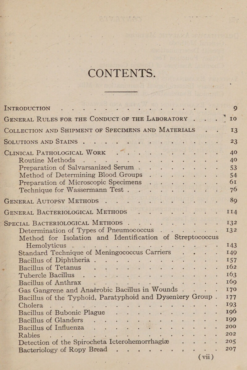 CONTENTS. INTRODUCTION GENERAL RULES FOR THE CONDUCT OF THE LABORATORY COLLECTION AND SHIPMENT OF SPECIMENS AND MATERIALS SOLUTIONS AND STAINS we CLINICAL PATHOLOGICAL WORK Routine Methods : 3 Preparation of Saivareanized Senn . Method of Determining Blood Groups Preparation of Microscopic Specimens Technique for Wassermann Test . GENERAL Autopsy METHODS GENERAL BACTERIOLOGICAL METHODS SPECIAL BACTERIOLOGICAL METHODS Determination of Types of Pneumococcus : Method for Isolation and Identification of Streptococcus Hemolyticus fuer Standard Technique of Meningococcus Carriers ee Bacillus of Diphtheria . , Bacillus of Tetanus Tubercle Bacillus Bacillus of Anthrax f Gas Gangrene and Rilacrobic Bocas 7 in Wounds ‘ Bacillus of the Typhoid, ee and atl tee, Group . Cholera PS ke Be bas, OPE I eee Bacillus of Hubenic Plastic. Bacillus of Glanders Bacillus of Influenza Rabies ; Detection of the Spinoeeete Teterohemiorthapie. Bacteriology.0f Ropy Breads.) 6 6 ot en es (vii) 13 23 40 40 53 54 61 476 89 II4 132 132 143 149 157 162 163 169 170 177 193 196 199 200 202 205 207