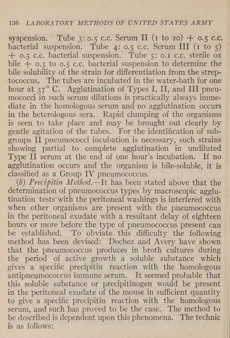 syspension. Tube 3: 0.5 c.c. Serum II (1 to 20) + 0.5 c.c. bacterial suspension. Tube 4: 0.5 c.c. Serum III (1 to 5) + 0.5 c.c. bacterial suspension. Tube 5: 0.1 c.c. sterile ox bile + 0.3 to 0.5 c.c. bacterial suspension to determine the bile solubility of the strain for differentiation from the strep- . tococcus. qT he tubes are incubated in the water-bath for one hour at aig C. Agglutination of Types I, I, and II pneu- mococci in such serum dilutions is practically always imme- diate in the homologous serum and no agglutination occurs , in the heterologous sera. Rapid clumping of the organisms is seen to take place and may be brought out clearly by gentle agitation of the tubes. For the identification of sub- groups II pneumococci incubation is necessary, such strains showing partial to complete agglutination in undiluted Type II serum at the end of one hour’s incubation. If no agglutination occurs and the organism is bile-soluble, it is classified as a Group IV pneumococcus. (b) Precipitin Method.—It has been stated above that the determination of pneumococcus types by macroscopic agglu- tination tests’ with the peritoneal washings is interfered with when other organisms are present with the pneumococcus in the peritoneal exudate with a resultant delay of eighteen hours or more before the type of pneumococcus present can be established. To obviate this difficulty the following method has been devised: Dochez and Avery have shown that the pneumococcus produces in broth cultures during the period of active growth a soluble substance which gives a specific precipitin reaction with the homologous antipneumococcus immune serum. It seemed probable that this soluble substance or precipitinogen would be present in the peritoneal exudate of the mouse in sufficient quantity to give a specific precipitin reaction with the homologous serum, and such has proved to be the case. The method to be described is dependent upon this phenomena. The technic is as follows: |