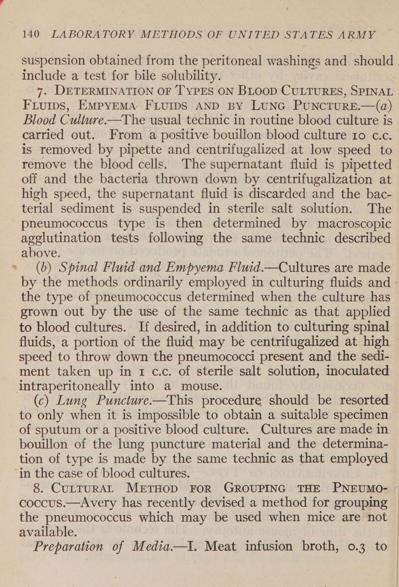 Pd suspension obtained from the peritoneal washings and should include a test for bile solubility. Fiuips, EmpyEMA FLuips AND By LUNG PUNCTURE.—(a) Blood Culiture.—The usual technic in routine blood culture is carried out. From a positive bouillon blood culture 10 c.c. is removed by pipette and centrifugalized at low speed to remove the blood cells. The supernatant fluid is pipetted off and the bacteria thrown down by centrifugalization at high speed, the supernatant fluid is discarded and the bac- terial sediment is suspended in sterile salt solution. The pneumococcus type is then determined by macroscopic agglutination tests following the same technic described above. (b) Spinal Fluid and Empyema Fluid.—Cultures are made by the methods ordinarily employed in culturing fluids and - the type of pneumococcus determined when the culture has grown out by the use of the same technic as that applied to blood cultures. If desired, in addition to culturing spinal fluids, a portion of the fluid may be centrifugalized at high speed to throw down the pneumococci present and the sedi- ment taken up in 1 c.c. of sterile salt solution, inoculated intraperitoneally into a mouse. (c) Lung Puncture-——This procedure should be resorted to only when it is impossible to obtain a suitable specimen of sputum or a positive blood culture. Cultures are made in bouillon of the lung puncture material and the determina- tion of type is made by the same technic as that employed 8. CULTURAL METHOD FOR GROUPING THE PNEUMO- ~ coccus.—Avery has recently devised a method for grouping | the pneumococcus which may be used when mice are not © available. Preparation of Media.—I. Meat infusion broth, 0.3 to |