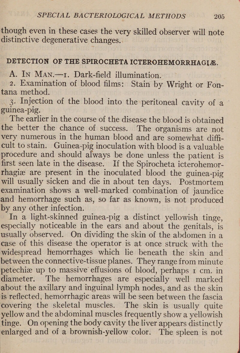 though even in these cases the very skilled observer will note distinctive degenerative changes. DETECTION OF THE SPIROCHETA ICTEROHEMORRHAGI&amp;. A. IN Man.—1. Dark-field illumination. 2. Examination of blood films: Stain by Wright or Fon- tana method. 3. Injection of the blood into the peritoneal cavity of a guinea-pig. The earlier in the course of the disease the blood is obtained the better the chance of success. The organisms are not very numerous in the human blood and are somewhat diffi- cult to stain. Guinea-pig inoculation with blood is a valuable procedure and should always be done unless the patient is first seen late in the disease. If the Spirocheta icterohemor- rhagie are present in the inoculated blood the guinea-pig will usually sicken and die in about ten days. Postmortem examination shows a well-marked combination of jaundice and hemorrhage such as, so far as known, is not produced by any other infection. In a light-skinned guinea-pig a distinct yellowish tinge, especially noticeable in the ears and about the genitals, is usually observed. On dividing the skin of the abdomen in a case of this disease the operator is at once struck with the widespread hemorrhages which lie beneath the skin and between the connective-tissue planes. They range from minute petechize up to massive effusions of blood, perhaps 1 cm. in diameter. The hemorrhages are especially well marked about the axillary and inguinal lymph nodes, and as the skin is reflected, hemorrhagic areas will be seen between the fascia covering the skeletal muscles. The skin is usually quite yellow and the abdominal muscles frequently show a yellowish tinge. On opening the body cavity the liver appears distinctly enlarged and of a brownish-yellow color. The spleen is not