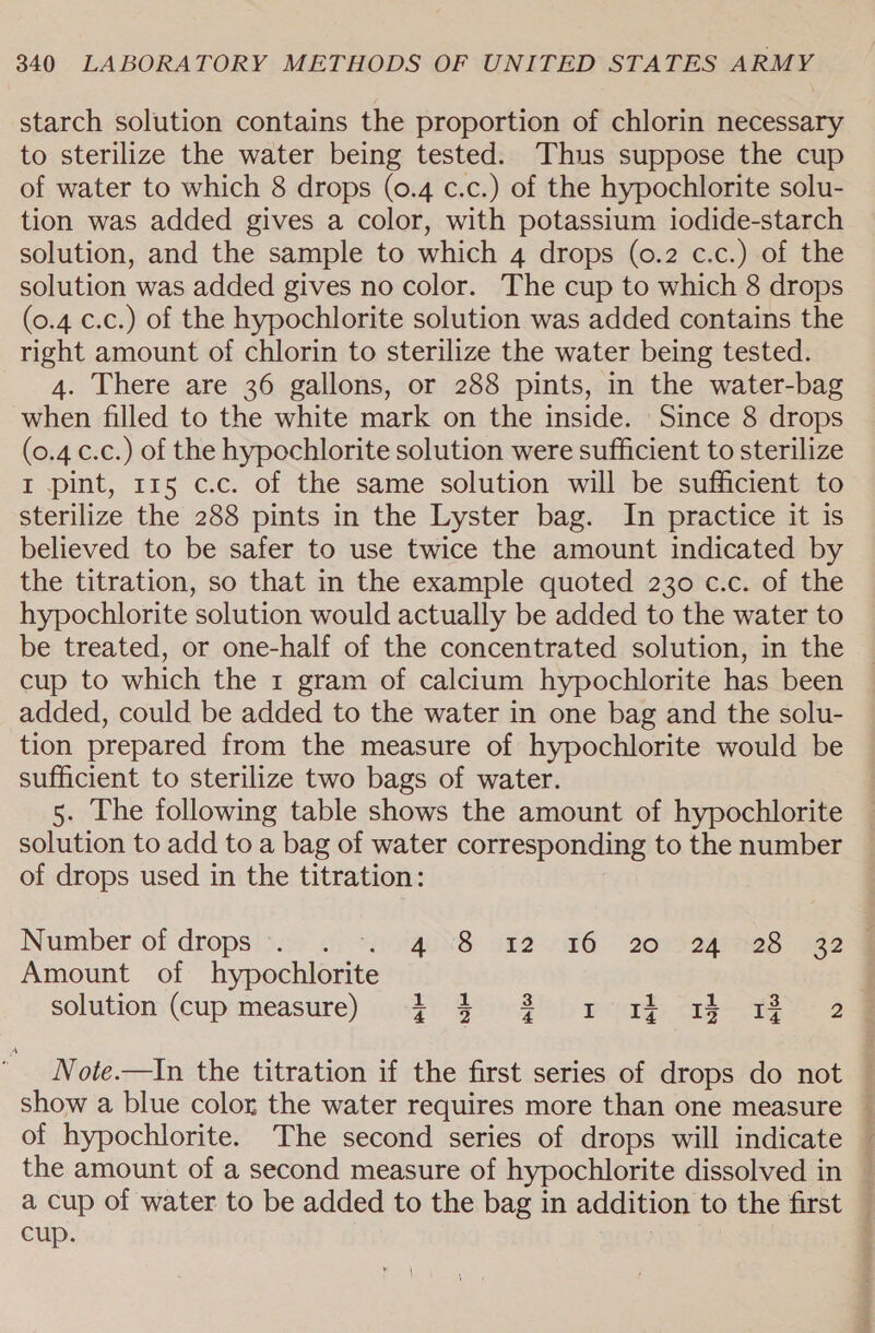 starch solution contains the proportion of chlorin necessary to sterilize the water being tested. Thus suppose the cup of water to which 8 drops (0.4 c.c.) of the hypochlorite solu- tion was added gives a color, with potassium iodide-starch solution, and the sample to which 4 drops (0.2 c.c.) of the solution was added gives no color. The cup to which 8 drops (0.4 c.c.) of the hypochlorite solution was added contains the right amount of chlorin to sterilize the water being tested. 4. There are 36 gallons, or 288 pints, in the water-bag when filled to the white mark on the inside. Since 8 drops (0.4 c.c.) of the hypochlorite solution were sufficient to sterilize I pint, 115 c.c. of the same solution will be sufficient to sterilize the 288 pints in the Lyster bag. In practice it is believed to be safer to use twice the amount indicated by the titration, so that in the example quoted 230 c.c. of the hypochlorite solution would actually be added to the water to be treated, or one-half of the concentrated solution, in the cup to which the 1 gram of calcium hypochlorite has been added, could be added to the water in one bag and the solu- tion prepared from the measure of hypochlorite would be sufficient to sterilize two bags of water. 5. The following table shows the amount of hypochlorite solution to add to a bag of water corresponding to the number of drops used in the titration: Amount of hypochlorite solution (cup measure) + bolt Ie | nie He |o9 Ue se I I of hypochlorite. The second series of drops will indicate the amount of a second measure of hypochlorite dissolved in cup.