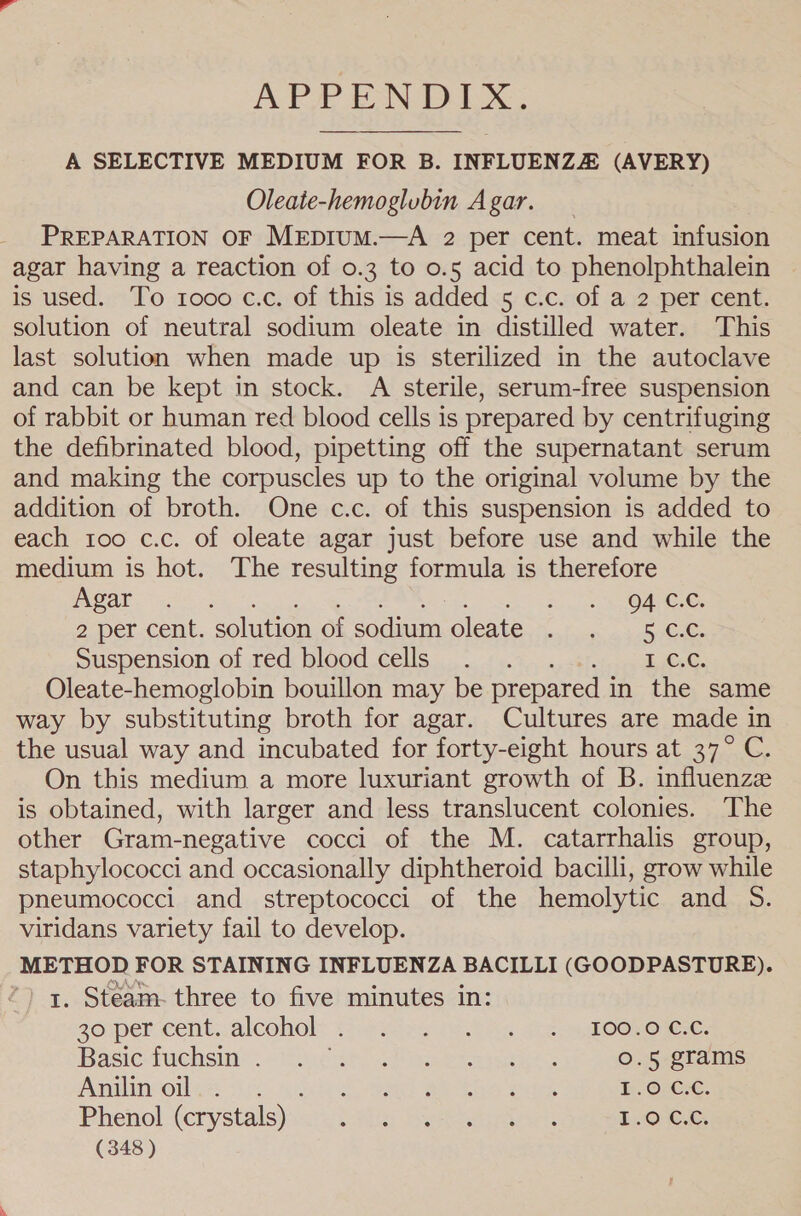 APPENDIX. A SELECTIVE MEDIUM FOR B. INFLUENZZ (AVERY) Oleaie-hemoglubin Agar. PREPARATION OF MeEprum.—A 2 per cent. meat infusion agar having a reaction of 0.3 to o.5 acid to phenolphthalein is used. To tooo c.c. of this is added 5 c.c. of a 2 per cent. solution of neutral sodium oleate in distilled water. This last solution when made up is sterilized in the autoclave and can be kept in stock. A sterile, serum-free suspension of rabbit or human red blood cells is prepared by centrifuging the defibrinated blood, pipetting off the supernatant serum and making the corpuscles up to the original volume by the addition of broth. One c.c. of this suspension is added to each 100 c.c. of oleate agar just before use and while the medium is hot. The resulting formula is therefore PAGAL 2 hy oe ee A Re ak 1 Se, ee Oe 2 per cent. solution of sodium oleate . . 5 ¢.¢. Suspension..of red: blood cells... &lt;4. ti. .,&lt;8iiscry Ea Oleate-hemoglobin bouillon may be prepared in the same way by substituting broth for agar. Cultures are made in the usual way and incubated for forty-eight hours at 37° C. On this medium a more luxuriant growth of B. influenzz is obtained, with larger and less translucent colonies. The other Gram-negative cocci of the M. catarrhalis group, staphylococci and occasionally diphtheroid bacilli, grow while pneumococci and streptococci of the hemolytic and S. viridans variety fail to develop. METHOD FOR STAINING INFLUENZA BACILLI (GOODPASTURE). *) x, Steam- three to five minutes in: gouper cent. alcohol: 13\9s2ny (¢ Pin Ses OC OROResE: Basic Tuchsi: «ine nto oa Beas 0.5 grams AIncONse iro hte Cae Bea oh LOCC. Phenol (crystals)... is, Bye: LOC,