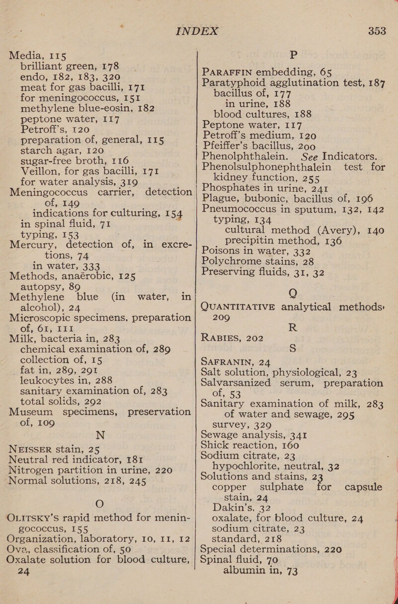 Media, 115 brilliant green, 178 endo, 182, 183, 320 meat for gas bacilli, 171 for meningococcus, I5I methylene blue-eosin, 182 peptone water, I17 Petroff’s, 120 preparation of, general, I15 starch agar, 120 sugar-free broth, 116 Veillon, for gas bacilli, 171 for water analysis, 319 Meningococcus carrier, of, 149 indications for culturing, 154 in spinal fluid, 71 ; typing, 153 : Mercury, detection of, in excre- tions, 74 in water, 333 Methods, anaérobic, 125 autopsy, 89 Methylene blue alcohol), 24 Microscopic specimens, preparation of, 61, III Milk, bacteria in, 283 chemical examination of, 289 collection of, 15 _fat in, 289, 291 leukocytes in, 288 sanitary examination of, 283 total solids, 292 Museum specimens, of, 109 detection (in water, in preservation N NEISSER stain, 25 Neutral red indicator, 181 Nitrogen partition in urine, 220 Normal solutions, 218, 245 O OLITSsKy’s rapid method for menin- gococcus, 155 Organization, laboratory, 10, II, I2 Ova, classification of, 50 Oxalate solution for blood culture, 24 Cc rh cor ee. 353 P PARAFFIN embedding, 65 Paratyphoid agglutination test, 187 bacillus of, 177 in urine, 188 blood cultures, 188 Peptone water, 117 Petroff’s medium, I20 Pfeiffer’s bacillus, 200 Phenolphthalein. See Indicators. Phenolsulphonephthalein test for kidney function, 255 Phosphates in urine, 241 Plague, bubonic, bacillus of, 196 Pneumococcus in sputum, 132, 142 typing, 134 cultural method (Avery), 140 precipitin method, 136 Poisons in water, 332 Polychrome stains, 28 Preserving fluids, 31, 32 O é QUANTITATIVE analytical methods: 209 R RABIES, 202 S SAFRANIN, 24 Salt solution, physiological, 23 Salvarsanized serum, preparation of, 53 Sanitary examination of milk, 283 of water and sewage, 295 survey, 329 Sewage analysis, 341 Shick reaction, 160 Sodium citrate, 23 hypochlorite, neutral, 32 Solutions and stains, copper sulphate stain, 24 Dakin’s, 32 oxalate, for blood culture, 24 sodium citrate, 23 standard, 218 Special determinations, 220 Spinal fluid, 70 albumin in, 73 2 io capsule