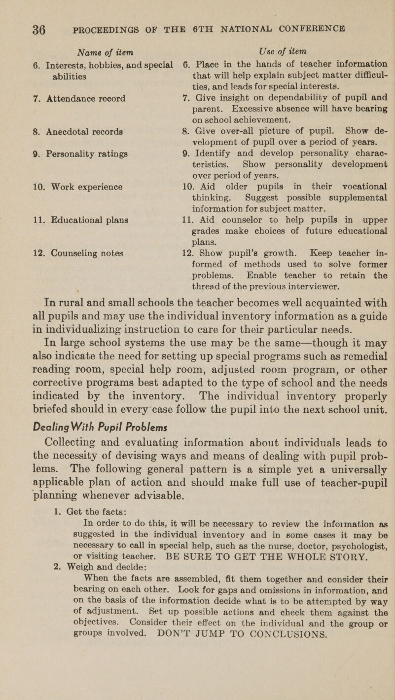 Name of ttem Use of item 6. Interests, hobbies, and special 6. Place in the hands of teacher information abilities that will help explain subject matter difficul- ties, and leads for special interests. 7. Attendance record 7. Give insight on dependability of pupil and parent. Excessive absence will have bearing on school achievement. 8. Anecdotal records 8. Give over-all picture of pupil. Show de- velopment of pupil over a period of years. 9. Personality ratings 9. Identify and develop personality charac- teristics. Show personality development over period of years. 10. Work experience 10. Aid older pupils in their vocational thinking. Suggest possible supplemental information for subject matter. 11. Educational plans 11. Aid counselor to help pupils in upper grades make choices of future educational plans. 12. Counseling notes 12. Show pupil’s growth. Keep teacher in- formed of methods used to solve former problems. Enable teacher to retain the thread of the previous interviewer. In rural and small schools the teacher becomes well acquainted with all pupils and may use the individual inventory information as a guide in individualizing instruction to care for their particular needs. In large school systems the use may be the same—though it may also indicate the need for setting up special programs such as remedial reading room, special help room, adjusted room program, or other corrective programs best adapted to the type of school and the needs indicated by the inventory. The individual inventory properly briefed should in every ‘case follow the pupil into the next school unit. Dealing With Pupil Problems Collecting and evaluating information about individuals leads to the necessity of devising ways and means of dealing with pupil prob- lems. The following general pattern is a simple yet a universally applicable plan of action and should make full use of teacher-pupil planning whenever advisable. 1. Get the facts: In order to do this, it will be necessary to review the information as suggested in the individual inventory and in some cases it may be necessary to call in special help, such as the nurse, doctor, psychologist, or visiting teacher. BE SURE TO GET THE WHOLE STORY. 2. Weigh and decide: When the facts are assembled, fit them together and consider their bearing on each other. Look for gaps and omissions in information, and on the basis of the information decide what is to be attempted by way of adjustment. Set up possible actions and check them against the objectives. Consider their effect on the individual and the group or groups involved. DON’T JUMP TO CONCLUSIONS.