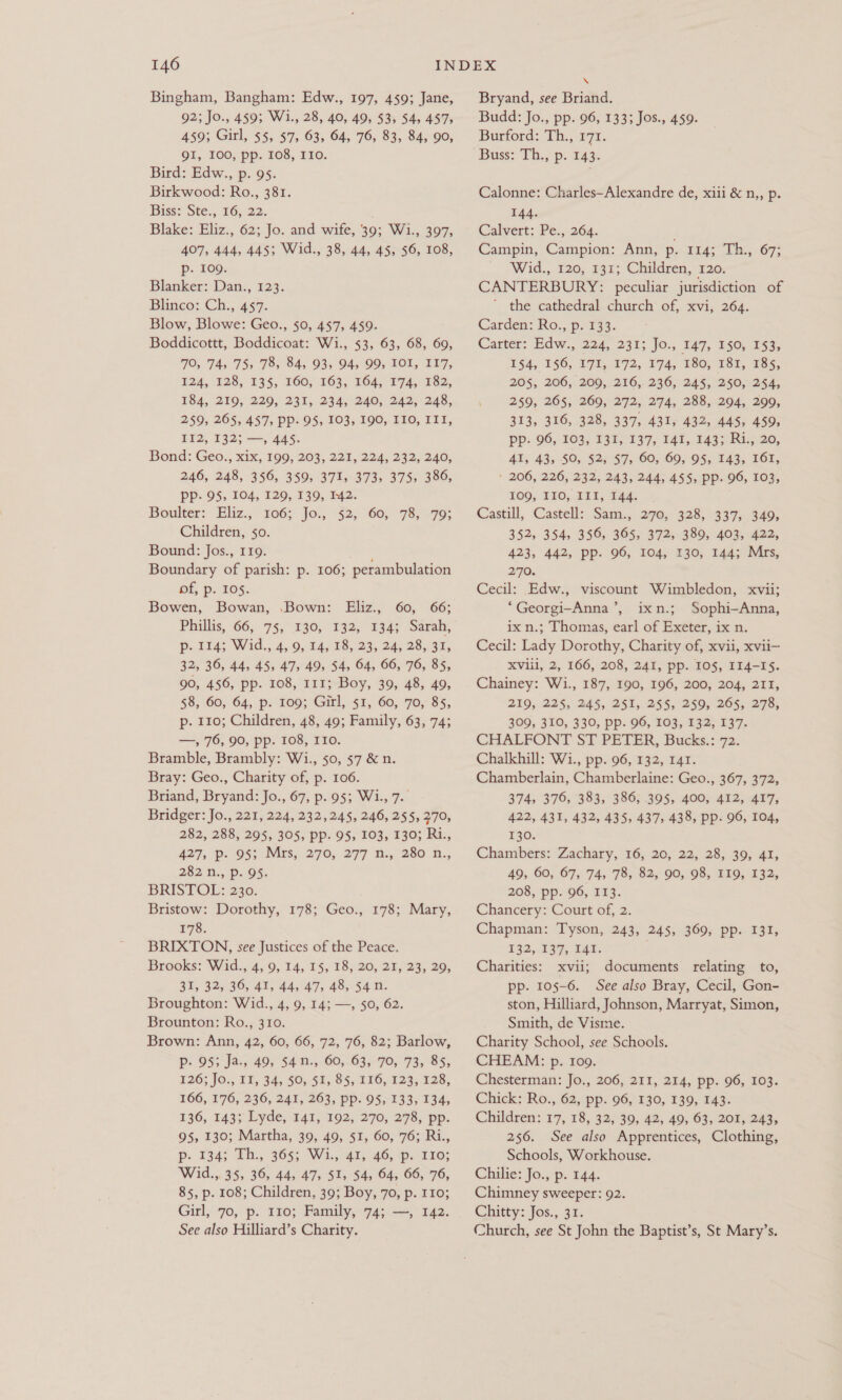 Bingham, Bangham: Edw., 197, 459; Jane, 92; Jo., 459; W1., 28, 40, 49, 53, 54, 457, 459; Girl, $5, 57, 63, 64, 76, 83, 84, 90, QI, 100, pp. 108, I10. Bird: Edw., p. 95. Birkwood: Ro., 381. Biss: Sté.,. 16; 22. Blake: Eliz., 62; Jo. and wife, 39; Wi., 397, 407, 444, 445; Wid., 38, 44, 45, 56, 108, p. 109. Blanker: Dan., 123. Blinco: Ch., 457. Blow, Blowe: Geo., 50, 457, 459. Boddicottt, Boddicoat: Wi., 53, 63, 68, 69, 70, Td, '75, 78, 84, 93, 945-99, 101, ‘TL7, 124, 328, 135, 160; 163; 164, ¥74,° 182, $84, 219, 220, 233,234, 240;. 242, 248, 259; 205,457; Pp: 95, 103; 190, 110, 111, 112, 132; —, 445. Bond: Geo., xix, 199, 203, 221, 224, 232,240, 246, 248, 356, 359, 371, 373, 375, 386, Pp. 95, 104, 129, 139, 142. Boulter: Eliz., 106; Jo., «92; 60). 787099; Children, 50. Bound: Jos., 119. Boundary of parish: p. 106; perambulation of, p. 105. Bowen, Bowan, .Bown: Eliz., 60, 66; Phillis, 66; 75,°130, 132, 134; Sarah, Pr lla; Wid,, 4,0, 14p 88,23, 24528).97, 32, 36, 44, 45, 47, 49, 54, 64, 66, 76, 85, 90, 456, pp. 108, 111; Boy, 39, 48, 49, $8, Go, 64, p. 100; Gil, 51,. Go, 70,85, p. 110; Children, 48, 49; Family, 63, 74; —, 76, 90, pp. 108, IIO. Bramble, Brambly: Wi., 50, 57 &amp; n. Bray: Geo., Charity of, p. 106. Briand, Bryand: Jo., 67, p. 95; W1i., 7. Bridger: Jo., 221, 224, 232,245, 246, 255, 270, 282, 288, 295, 305, pp. 95, 103, 130; Ri., 427, p. 05} Mts, 270;. 277 1.,280 h., 282 n., p. 95. BRISTOL: 230. Bristow: Dorothy, 178; Geo., 178; Mary, 176. BRIXTON, see Justices of the Peace. Brooks: Wid., 4, 9, 14, 15, 18, 20, 21, 23, 29, 31, 32, 36, 41, 44, 47, 48, $4n. Broughton: Wid., 4, 9, 14; —, 50, 62. Brounton: Ro., 310. Brown: Ann, 42, 60, 66, 72, 76, 82; Barlow, p- 95; Ja., 49, 54.n., 60, 63, 70, 73, 85, 126; JQ., 11, 34, 50,-§1, 85, 116, 123, 128, 166, 176, 236, 241, 263, pp. 95, 133, 134, 136, 143; Lyde, 141, 192, 270, 278, pp. 95, 130; Martha, 39, 49, $1, 60, 76; Ri., p. 1349 Th, 365; Wi., 4a; AC, prr9; Wid., 35, 36, 44, 47, 51, 54, 64, 66, 76, 85, p. 108; Children, 39; Boy, 70, p. 110; Girl, 70, p. 110; Family, 74; —, 142. See also Hilliard’s Charity. \ Bryand, see Briand. Budd: Jo., pp. 96, 133; Jos., 459. Burford: Th., 171. Buss: Th., p. 14% Calonne: Charles~Alexandre de, xiii &amp; n,, p. 144. Calvert: Pe.,.264. Campin, Campion: Ann, p. 114; Th., 67; .Wid.,. 120; 131; Children, 120. CANTERBURY: peculiar jurisdiction of the cathedral church of, xvi, 264. Carden: Ro., p2 333. Carter: Edw., 224, 231; Jo., 147, 150, 153, 1§4, 156, 171; 172, 174; 180; 183i, 185, 205, 206, 200,..216,. 236,°245, 250,254, 259, 265, 260, 272, 274, 288, 294, 299, 313, 316, 328, 337, 431, 432, 445, 459, pp: 96, 163, 1355°137,. 141,. 3435 Ri 720, 41, 43, 50, $2, 57, 60, 69, 95, 143, 161, 206, 226, 232, 243, 244, 455, pp. 96, 103, 100, TIO, TE, Fea. Castill,, Castell: Sam., 270; 328,°337; 340; 352, 354, 356, 365, 372, 389, 403, 422, 423, 442, pp. 96, 104, 130, 144; Mrs, 270. Cecil: Edw., viscount Wimbledon, xvii; “Georgi-Anna’, ixn.; Sophi—Anna, ix n.; Thomas, earl of Exeter, ix n. Cecil: Lady Dorothy, Charity of, xvii, xvii— XVlil, 2, 166, 208, 241, pp. 105, 114-15. Chainey: Wi., 187, 190, 196, 200, 204, 2IT, 210, 225, 245, 251, 255,259, 265,278, 300, 310, 330, pp. 06, 10351325 137. CHALFONT ST PETER, Bucks.: 72. Chalkhill: Wi., pp. 96, 132, I4I. Chamberlain, Chamberlaine: Geo., 367, 372, 374, 376, 383, 386, 395, 400, 412, 417, 422, 431, 432, 435, 437, 438, pp. 96, 104, 130. Chambers? Zachary, 16, 20,22, 28,39, 41, 49, 60, 67, 74, 78; 82; 90, 98, F219, 132, 208, pp. 96, 113. Chancery: Court of, 2. Chapman: Tyson, 243, 245, 369, pp. I31, 132,. 137; bat: ' Charities: xvii; documents relating to, pp. 105-6. See also Bray, Cecil, Gon- ston, Hilliard, Johnson, Marryat, Simon, Smith, de Visme. Charity School, see Schools. CHEAM: p. Io9. Chesterman: Jo., 206, 211, 214, pp. 96, 103. Chick: Ro., 62, pp. 96, 130, 139, 143. Children: 17, 18, 32; 39, 42, 49, 63, 201,243, 256. See also Apprentices, Clothing, Schools, Workhouse. Chilie: Jo., p. 144. Chimney sweeper: 92. Chitty: Jos., 31. Church, see St John the Baptist’s, St Mary’s.