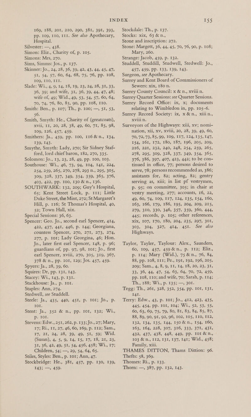 169, 188, 201, 210, 290, 381, 391, 393, pp- 109, 110, 111. See also Apothecary, Hospital. Silvester: —, 438. Simon: Eliz., Charity of, p. 105. Simons: Mrs, 270. Sims, Simms: Jos., p. 137. Skinner: Jo., 24, 28, 36, 39, 42, 43, 44, 45, 47; $1, $45 $7, 00; 04, 68,75, 76; pp. 108, TOO, 110, LIT, Slade? Wi.4, 9; 14; 18, 19, 235 24; 28, 31, 33; 36, 39; and wife, 31, 36, 39, 44, 47, 48; wife of, 49; Wid., 49, 53, 54, 57, 60, 64, 970, 74; '70;°80, 85, 90, pp: 108,, TIO. Smith: Ben., p. 107; Th., p. 100; —, 51, 53, 56. Smith, Smyth: He., Charity of (greatcoats), KVil; 11, 20; 28, 33, 49, 60;°71;, 85,98, 109, 126, 457, 459. Smithers: Ja., 459, pp. 100, 116 &n., 134, 139, 143. Smythe, Smyth: Lady, 270; Sir Sidney Staf- ford, lord chief baron, 182, 270, 335. Solomon: Jo., 13, 23, 28, 49, pp. 100, 103. Southouse: Wi., 46, 73, 94, 104, I4I, 224, 254, 259, 265, 270, 278, 293 n., 295, 305, 309, 328, 337, 349, 354, 359, 365, 376, 403, 422, pp. 100, 130 6en., 136. SOUTHWARK: 132, 209; Guy’s Hospital, 65;. Kent, Street Lock, p. 111; Little Duke Street, the Mint, 272; St Margaret’s Hill, p. 116; St Thomas’s Hospital, 40, 62; Tow Hall, xix: Special Sessions: 36, 63. Spencer: Geo. Jo., second earl Spencer, 414, 422, 437, 441, 446, p. 144; Georgiana, countess Spencer, 270, 271, 273, 274, 277, p. 101; Lady Georgina, 46; Hon. Jo., later first earl Spencer, 148, p. 96; guardians of, pp. 97, 98, 101; Jo., first earl Spencer, xviii, 270; 305, 319, 367, 378 & n., pp. TOI, 129; Jos. 457, 459. Spyers: Ja., 28, 39, 60. Squires: Dr, pp. 131, 143. Stacey: Wi., 143, p. 131. Stackhouse: Ja., p. IOI. Staples: Ann, 274. Stedwell, see Studdell. Steele: Jai; 435, 440,451) - pe TOE; JO; p: IOI. Stent? Ja.6352 So nz pp. 101; 132; W1., pe TOL: Stevens: Edw., 251, 262, p. 133;Jo., 27; Mary, 47; Ris, 12) 27, 46, 60; 160, p. 112; Sam., 17,; 20; 2a; 28°90; -40;) Si, 593 Wid: (Susaiz),4, $, 9, 14,15; 17, 18) 21, 23, 31, 36, 42, 49, SI, 54, 456, 458; Wi., 17; Children, 54; —, 29, 54, 64, 65. Stiles, Styles: Ben., p. 101; Ann, 47. Stockbridge: He., 381, 457, pp. 130, 139, 143; —, 459. T$5 Stockdale: Th.; p. 137: Stocks: xix, 63 & n., Stone and inscription: 272. Stone: Margett, 36, 44, 45, 70, 76, 90, p. 108; Mary, 260. Strange: Jacob, 459, p. 132. Studdell, Studdill, Studwell, Stedwell: Jo., 457, 459, pp. 133, 139, 143. Surgeon, see Apothecary. Surrey and Kent Board of Commissioners of Sewers: xix, 180 n. Surrey County Council: x & n., xviii n. Surrey Quarter Sessions: see Quarter Sessions. Surrey Record Office: ix, x; documents relating to Wimbledon in, pp. 105-6. Surrey Record Society: ix, x &n., xuin., XVili n. Surveyors of the Highways: xiii, xv; nomi- nation, xii, XV, XVili, 20, 28, 39, 49, 60, 70, 725 73, 85,99, 109, 117, 124, 135,147, £54, 161, 172, 180, 187, 106, 205, 209, 256. 22%; 2325-240, 248, 254; 259, 205, 278, 295, 309, 328, 337, 349, 354, 365, 376, 386, 397, 407, 423, 442; to be con- tinued in office, 77; persons desired to serve, 78; persons recommended as, 386; assistants for, 82; acting, 82; gentry serving as, xili; in list pf vestrymen, p- 95; On committee, 305; in chair at vestry meeting, 277; accounts, 16, 22, 40, 60; 74, 109, 117, 124, 135, 154, 160, 163, 106, 179; 186, 195, 204, 200,215, 279, 310, 330, 346, 357, 359, 360, 444, 445; records, ‘p. 105; other references, KK, 107; 170, 180, 204,)235; 207, 308, 303, 304° 327, ATA, -4S12- See: also Highways. Taylor, Tayler, Taylour: Alex., Saunders, 60; *100; A57y ASO S B.,- Py 1922 Elz., p. 114; Mary (Wid.), 75 &n., 76, 84, 88, pp. 108, 131; Pe:, 191, 192, 196, 205, 200%. Sais; Ayo Oy Dlg D4, ©S520,,235 41, 33, 36, 44, 47, 54, 63, 64, 70, 72, 459, pp. 108, 110; and wife, 70; Sarah, p. 114; Th., 188; W1., p. 135; —, 301. Tege: Thi, 261, 328; 352. 354, pp. Fer, 131, TAT: Terry: Edw., 43, p. 101; Jo., 412, 423, 435, 445, 454, pp. IOI, 104; Wi., $2, 53, 55, 60, 63,,603°75; 79; 80,81, 83,345.85, 87, 88, 89, 90, 91, 92, 96, 102, 105, IIO, I12, 032, 1394; 9355144, 140-60. 154, 160, 163, 164, 228, 307, 316, 333, 371, 431, 432, 437, 438, 448, 449, pp. lor &n., » TO; 8 N., FI2, 131, 137, Vat; Wid., 4583 Family, xiii. THAMES DITTON, Thams Dittion: 96. Thefts: 58, 369. Thomies: Ri., ps 133: Thorn: —, 387, pp. 132, 143.
