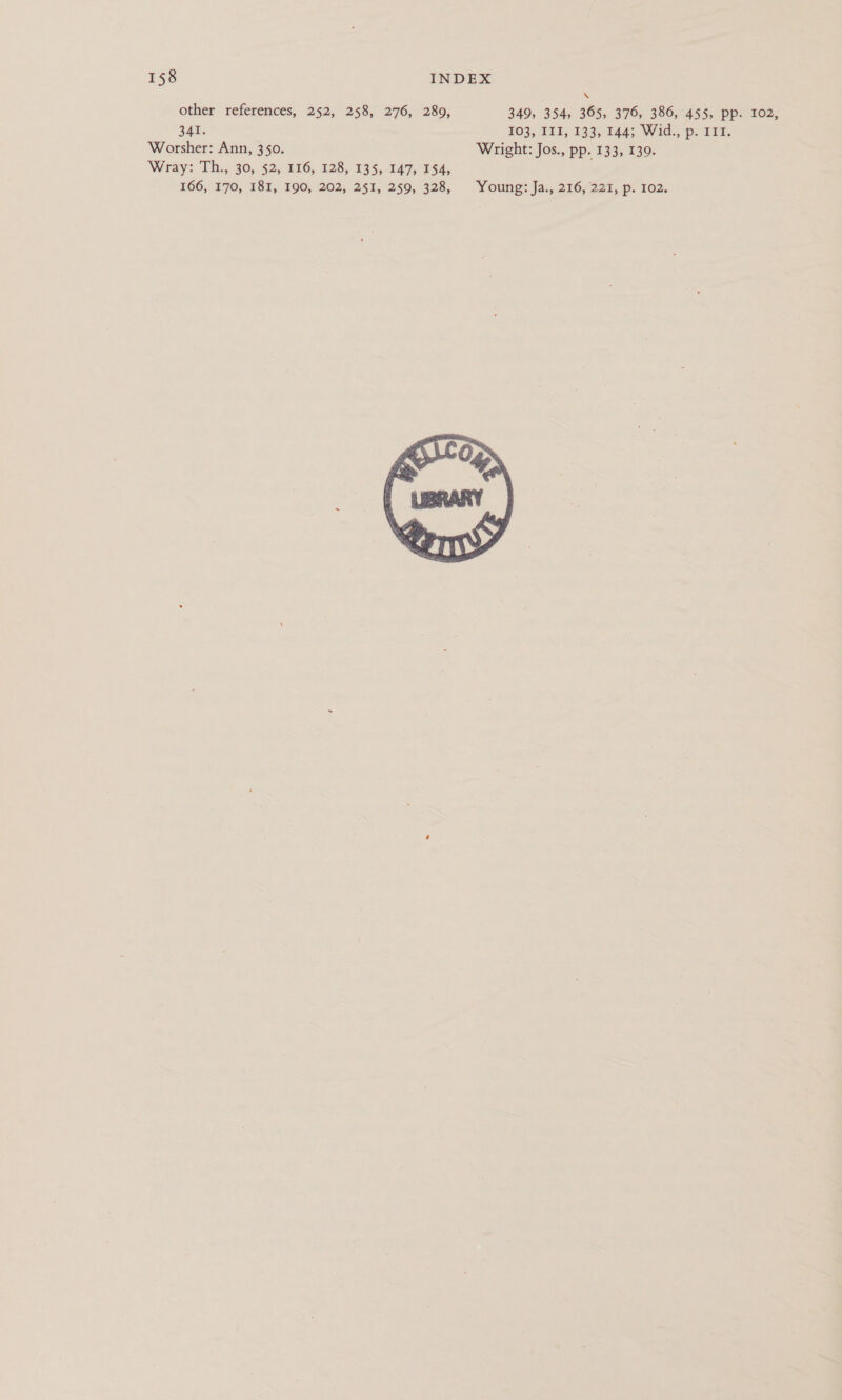 \ other references, 252, 258, 276, 289, 349, 354, 365, 376, 386, 455, pp. 102, 3A. £03, 111; 133)-144;, Wid, 215, Worsher: Ann, 350. Wright: Jos., pp. 133, 139. Wray: Th.,. 30, $2, 116, 128; 135,147, 154, 166, 170, 181, 190, 202, 251, 259, 328, Young: Ja., 216, 221, p. 102. 