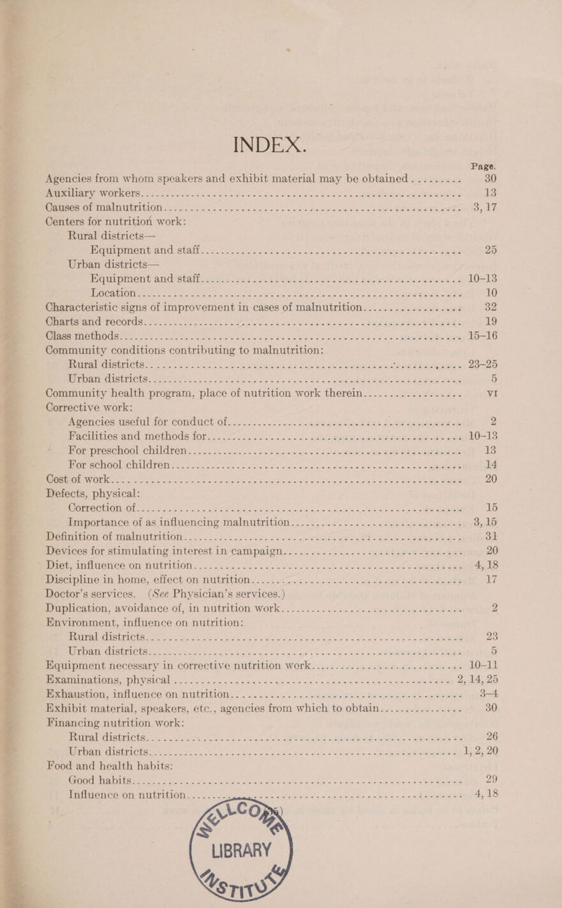  INDEX. Page, Agencies from whom speakers and exhibit material may be obtained. .....--. 30 Matade er) HOA AETIM ONS to Pe a 2 ee nae x vee oOo Fie eoge ewe Laws SEES L TE Beet Centers for nutrition work: Rural districts— Poem amd state. &lt;4. ess de. yan eee pee dee ots Cleo. teed 25 Urban districts— oi praent Amdretathy is ss ces ee ert le als Sota eaxie he we-lerevient 23 10-13 ee ee ere ee a Sasi Mi Baek hee wikis Se Lh emery tas Bilis 10 Characteristic signs of improvement in cases of malnutrition............-. saad 32 Breet mere COL e. -2 02 yo ee eo Sets Se ea wo es eee ane sess 19 ree ne er ee het oe ne ee ec bed 5) 1 pee pained SOs Oe ei ee O16 Community conditions contributing to malnutrition: mpaloOMetriCrss 50. 055.4 ba eo. cares yale leas ee ray SRE trey ‘hele ilar eenr DOLD Poorest CGs. on. ora ee edo ox ended sehr dered sears Aes 5 Community health program, place of nutrition work therein.............:.---. VI Corrective work: meencles user! for conduct of; ¢o722... 02... -saageation BPx: S sib aa seeeeels 2 Pactiisesand methods for... fis c. ns. dete. Gaisinsesaes ah on if0-18 Poor nresenoeh chi drew... 0 fe.2.2, foc e bp ogee &lt; «th eae Ga seb erat wgstepye 23 ETE ECV CNG EW 1 C70) | eu ee yo A a i ae Se Pe mR 14 Dem en ee ose Pe Sone eco aS 2 Se die Seer eee cee eee Oe eR eee 20 Defects, physical: OTN CTC UG. OGRA ee LIE ei a i, OI Lo ea eee 15 lceportance of as imfluencing malnutrition ...-3..-+.+...-...3eetbee igats ip eel Meumaon. Of malmitnidioMm. -. 22... 26+. k.&lt;% - 4 aeeb sees: ‘f ache. &lt;geaker tee B ok Devices for stimulating-interest in-campaign. &gt;... -.- 52+. 2+. uctiewss “eng-set 20 Perici imiiience-OM MUITINION:. 02. 3.02... C aes tan ob os eae oes oS ee See dS Peccrplime in home, erechom Mubrition .. ..isc.ce 2 ne vans ects fees ee a ea ee Doctor’s services. (See Physician’s services. ) Pamication,-avolidance-O1, in wiutrition Work: ..:.02. 5.42.4... deweleseckiek ie 2 Environment, influence on nutrition: ; PrrmRI NORE MONS ent Mah ng oh cate Sy a uie Shas Ste ole bY anno oo + 23 BU) Game Ct ee Sen kk es 4 oe be Tas wk Boe ieee 5 Hauipment necessary in corrective nutrition Work... 2. 22250. s+ sbeee 228 10-11 Berevamn One Or yelCah 0) es sa ce gas ceees an an denn sasce use eeee 2, 14, 25 Pe eiicion, imiuence On MUtEION.: ...... 2.2 ..sheekeste sh Seseaateth -deeee 3-4 Exhibit material, speakers, etc., agencies from which to obtain-..........--:.- 30 Financing nutrition work: ee rte se oe we eo, ca tee Lande upaakd.e a. ahead Se 26 Pie eres rurel ieee sc Oo his tk ee ou a ee Sa eter ee eigen 1, 2, 20 Food and health habits: ren A ee PUL we ain ie VN ee ee LC a oe Soy sa ee Influence on nutrition 
