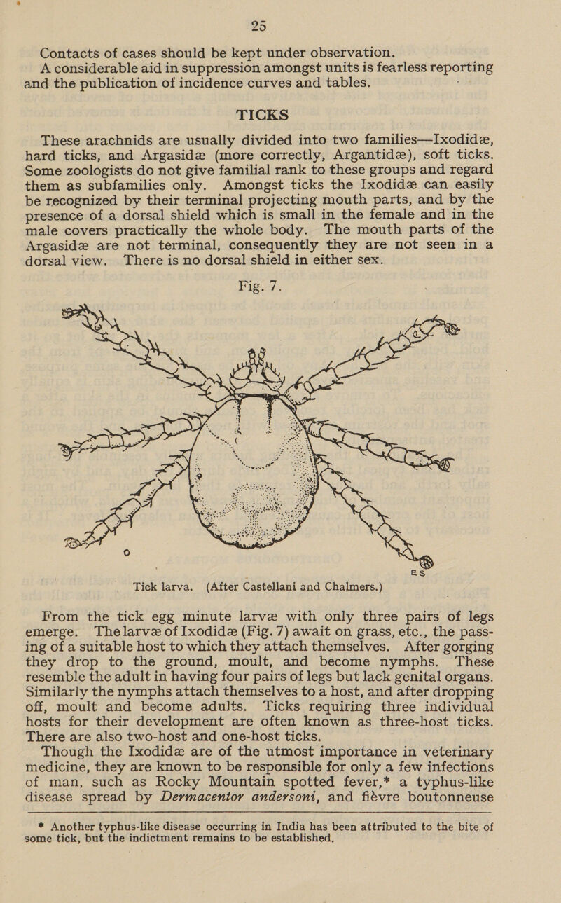 Contacts of cases should be kept under observation. A considerable aid in suppression amongst units is fearless Fopore ee and the publication of incidence curves and tables. TICKS These arachnids are usually divided into two families—Ixodide, hard ticks, and Argaside (more correctly, Argantidez), soft ticks. Some zoologists do not give familial rank to these groups and regard them as subfamilies only. Amongst ticks the Ixodide can easily be recognized by their terminal projecting mouth parts, and by the presence of a dorsal shield which is small in the female and in the male covers practically the whole body. The mouth parts of the Argaside are not terminal, consequently they are not seen in a dorsal view. There is no dorsal shield in either sex. Fig. 7.  From the tick egg minute larve with only three pairs of legs emerge. Thelarve of Ixodide (Fig. 7) await on grass, etc., the pass- ing of a suitable host to which they attach themselves. After gorging they drop to the ground, moult, and become nymphs. These resemble the adult in having four pairs of legs but lack genital organs. Similarly the nymphs attach themselves to a host, and after dropping off, moult and become adults. Ticks requiring three individual hosts for their development are often known as three-host ticks. There are also two-host and one-host ticks. Though the Ixodide are of the utmost importance in veterinary medicine, they are known to be responsible for only a few infections of man, such as Rocky Mountain spotted fever,* a typhus-like disease spread by Dermacentor andersoni, and fiévre boutonneuse * Another typhus-like disease occurring in India has been attributed to the bite of some tick, but the indictment remains to be established.