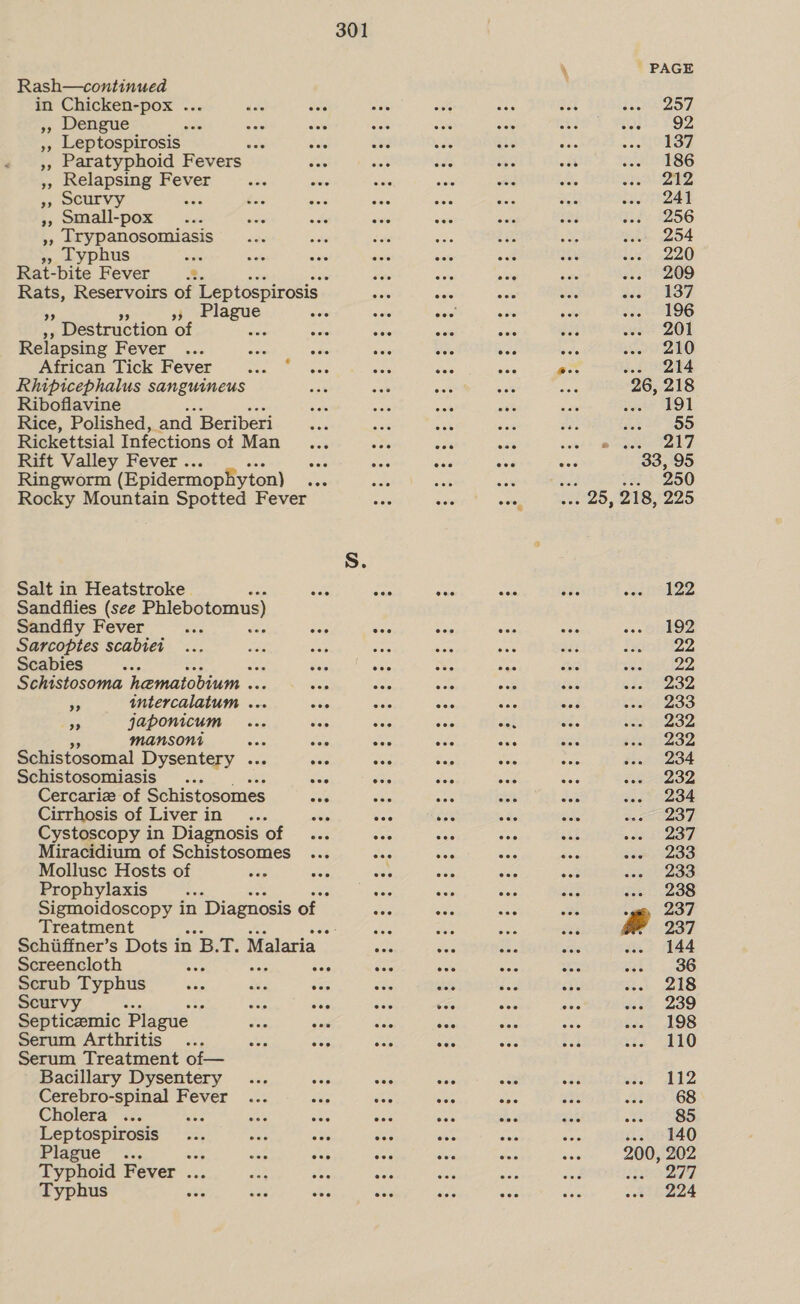Rash—continued in Chicken-pox ... », Dengue ids , Leptospirosis wet », Paratyphoid Fevers », Relapsing Fever » OCUrVvy re », omall-pox . », [rypanosomiasis yphus sighs Rat-bite Fevers. Rats, Reservoirs of Leptospirosis. “teaches AAP wee ix ws ” Destruction ei Relapsing Fever ... os African Tick Fever ad Rhipicephalus sanguineus Riboflavine Rice, Polished, and Beriberi Rickettsial Infections ot Man Rift Valley Fever . aa Sac oer wed es Ringworm (Epidermophyton) . Ne Rocky Mountain Spotted Fever S. Salt in Heatstroke . ix eee PEP Sandflies (see Phlebotomus) Sandfly Fever Sarcoptes scabiei Scabies Schistosoma hematobium . iM intercalatum ... A oes hee * japonicum Sag vee see see mansoni ae a S5 Schistosomal Dysentery . aie wea Schistosomiasis ... eae ss Cercarie of Schistosomes ay iat aye Cirrhosis of Liverin ... ie wee se Cystoscopy in Diagnosis of Miracidium of Soares Mollusc Hosts of ae Prophylaxis a Ae Be Sigmoidoscopy in Diagnosis of aes ies Treatment ae Schiiffner’s Dots in B.T. Malaria $e Sie Screencloth nA Ae sale wee Nee Scrub Typhus ae ie sag oe dete Scurvy oF Bor arr awe as Septicemic Plague wee Bre aoe tee Serum Arthritis... ng oan ber: wae Serum Treatment of— Bacillary Dysentery ... 507 see dee ty yay eae eae Fever ... wag ee eas eoe Cholera ... Leptospirosis aoe “We lague ... ot Ee a Typhoid Fever ... Typhus te PAGE 257 92 137 186 212 241 256 254 220 209 137 196 201 210 214 26, 218 veer AOL deb =&lt; DO oy. S17 33, 95 .. 250 . 25, 218, 225