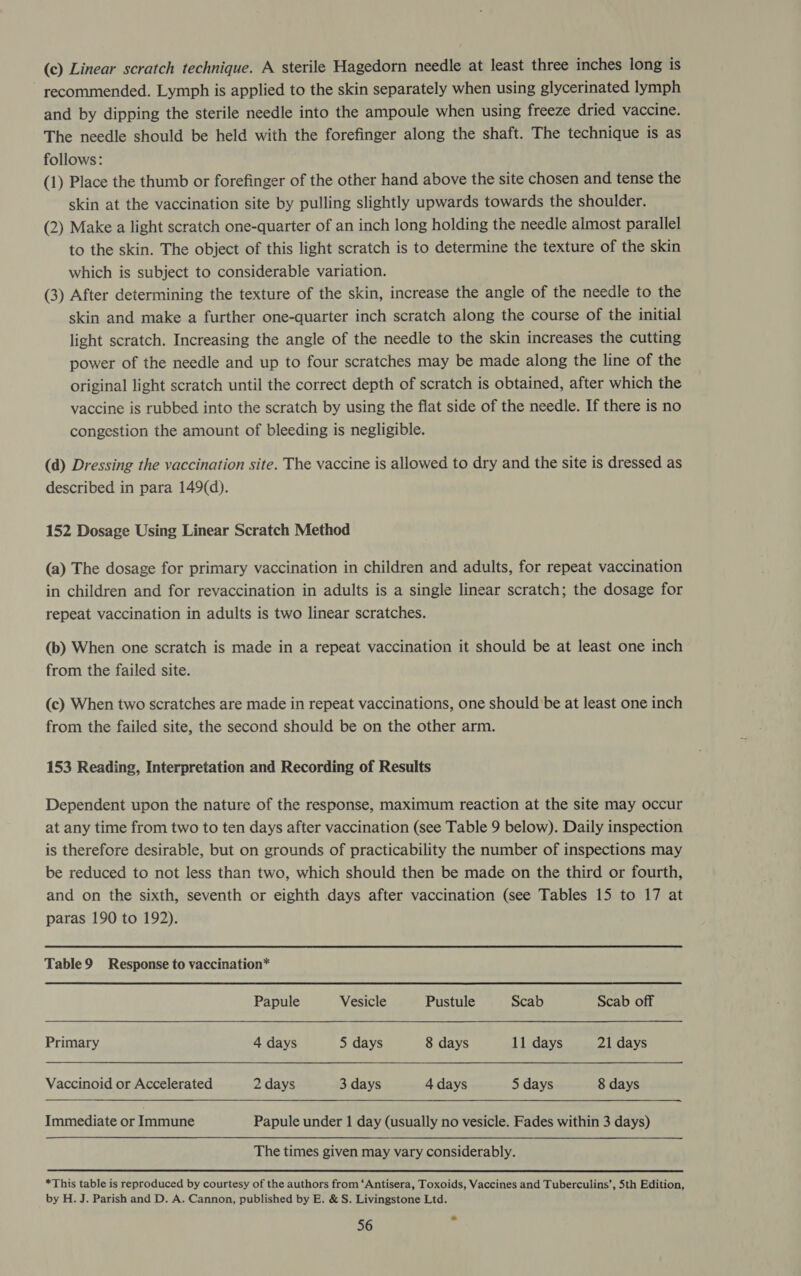 (c) Linear scratch technique. A sterile Hagedorn needle at least three inches long is recommended. Lymph is applied to the skin separately when using glycerinated lymph and by dipping the sterile needle into the ampoule when using freeze dried vaccine. The needle should be held with the forefinger along the shaft. The technique is as follows: (1) Place the thumb or forefinger of the other hand above the site chosen and tense the skin at the vaccination site by pulling slightly upwards towards the shoulder. (2) Make a light scratch one-quarter of an inch long holding the needle almost parallel to the skin. The object of this light scratch is to determine the texture of the skin which is subject to considerable variation. (3) After determining the texture of the skin, increase the angle of the needle to the skin and make a further one-quarter inch scratch along the course of the initial light scratch. Increasing the angle of the needle to the skin increases the cutting power of the needle and up to four scratches may be made along the line of the original light scratch until the correct depth of scratch is obtained, after which the vaccine is rubbed into the scratch by using the flat side of the needle. If there is no congestion the amount of bleeding is negligible. (d) Dressing the vaccination site. The vaccine is allowed to dry and the site is dressed as described in para 149(d). 152 Dosage Using Linear Scratch Method (a) The dosage for primary vaccination in children and adults, for repeat vaccination in children and for revaccination in adults is a single linear scratch; the dosage for repeat vaccination in adults is two linear scratches. (b) When one scratch is made in a repeat vaccination it should be at least one inch from the failed site. (c) When two scratches are made in repeat vaccinations, one should be at least one inch from the failed site, the second should be on the other arm. 153 Reading, Interpretation and Recording of Results Dependent upon the nature of the response, maximum reaction at the site may occur at any time from two to ten days after vaccination (see Table 9 below). Daily inspection is therefore desirable, but on grounds of practicability the number of inspections may be reduced to not less than two, which should then be made on the third or fourth, and on the sixth, seventh or eighth days after vaccination (see Tables 15 to 17 at paras 190 to 192). Table9 Response to vaccination*     Papule Vesicle Pustule Scab Scab off Primary 4 days 5 days 8 days 11 days 21 days Vaccinoid or Accelerated 2 days 3 days 4 days 5 days 8 days Immediate or Immune Papule under 1 day (usually no vesicle. Fades within 3 days)  The times given may vary considerably. *This table is reproduced by courtesy of the authors from ‘Antisera, Toxoids, Vaccines and Tuberculins’, 5th Edition, by H. J. Parish and D. A. Cannon, published by E. &amp; S. Livingstone Ltd.