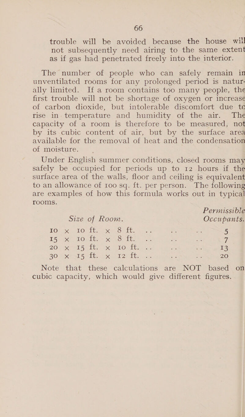 trouble will be avoided because the house will not subsequently need airing to the same extent as if gas had penetrated freely into the interior. The number of people who can safely remain ir unventilated rooms for any prolonged period is natur- ally limited. If a room contains too many people, the first trouble will not be shortage of oxygen or increase of carbon dioxide, but intolerable discomfort due tc rise in- temperature and humidity of the air. The capacity of a room is therefore to be measured, not by its.cubic content of air, but by the surface area available for the removal of heat and the condensation of moisture. Under English summer conditions, closed rooms may safely be occupied for periods up to 12 -hours. if th surface area of the walls, floor and ceiling is equivalent to an allowance of 100 sq. ft. per person. The following are examples of how this formula works out in typical rooms. Permissible Size of Room. Occupants. FOS 10) Tt ee Oi. wes f. &lt;4 5 Ti SS. Oe ty = Se Odes Ms a 7 ZO SeeISe his 6 BEC. Paces i 13 20 Mere SS tite or IAG. 24 = = 20 Note that these calculations are NOT based on cubic capacity, which would give different figures.