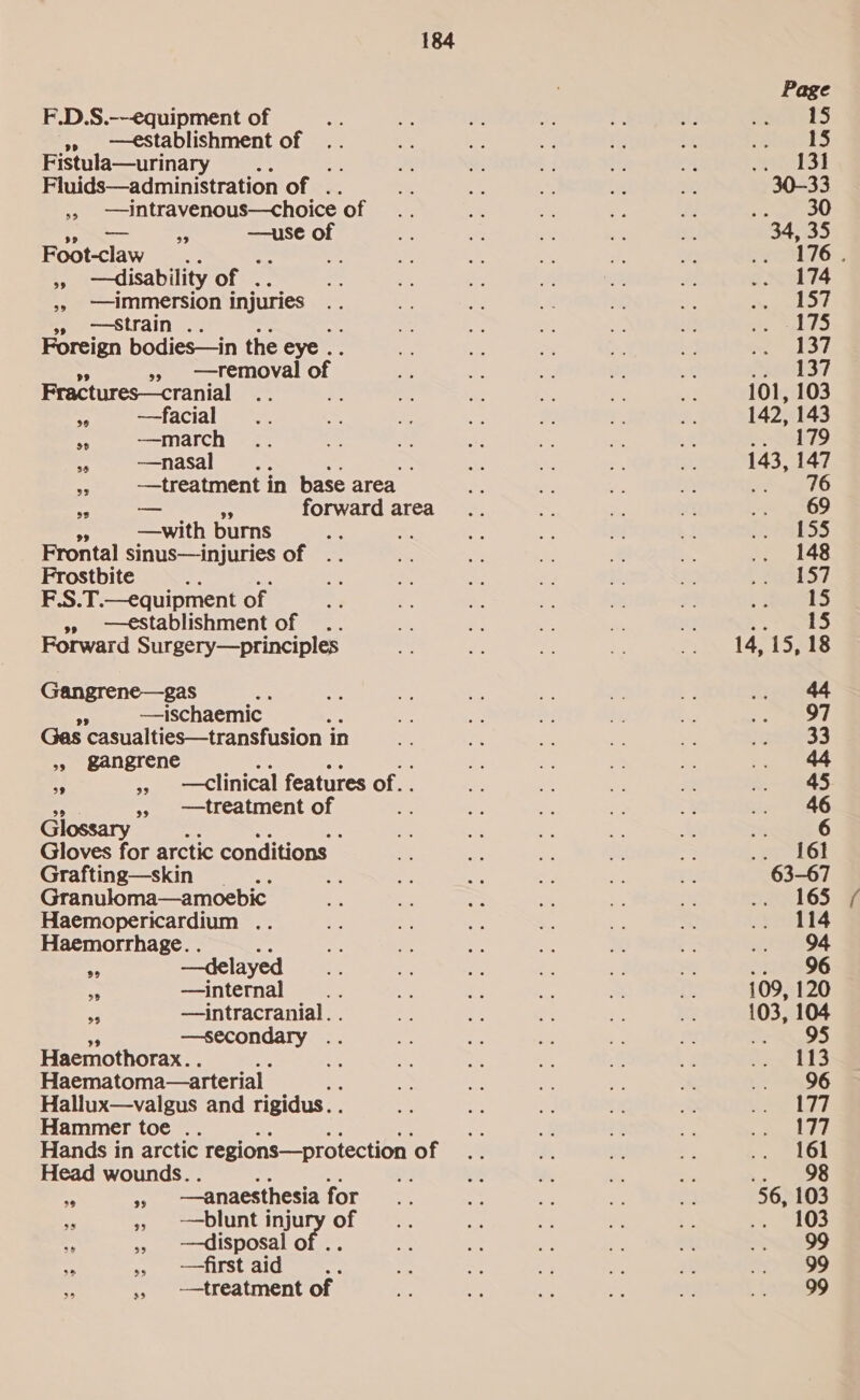 F.D.S.---equipment of » establishment of Fistula—urinary Fluids—administration of . x —intravenous—choice. of or —use of Eootclav E A 5», disability of . » immersion injuries » Strain .. Foreign bodies—in the eye . » ——Temoval of Fractures—cranial ra —facial - ——march 5 —nasal a : os ——treatment in base area “e a a forward area —with burns Frontal sinus—injuries of . Frostbite F.S.T.— equipment of » —eStablishment of .. Forward Surgery—principles Gangrene—gas bys —ischaemic Gas casualties—transfusion in » gangrene = Ay rH —clinical features of. . 5, treatment of Gl Gloves for arctic conditions Grafting—skin Granuloma—amoebic Haemopericardium .. Haemorrhage. . a —delayed a —internal 3 —intracranial. . —secondary . Haemothorax. . Haematoma—arterial ; Hallux—valgus and rigidus. . Hammer toe .. Hands in arctic regions—protection ‘of Head wounds. . an 5 —anaesthesia for i >> —blunt injury of + ss disposal of . “A .. —first aid # 5. ——treatment of 69 155 148 157 15 15