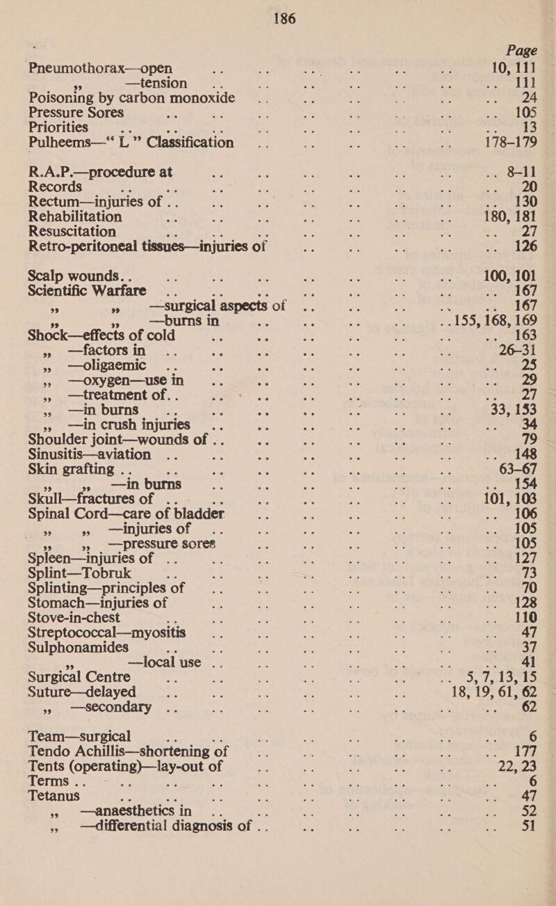 Pneumothorax—open —tension Poisoning by carbon monoxide Pressure Sores Priorities ae Fie en Pulheems—“ L ” Classification R.A.P.—procedure at Records : Rectum— injuries of .. Rehabilitation Resuscitation Retro-peritoneal tissues—injuries of Scalp wounds. . : Scientific Warfare .. a oe —surgical aspects of —burns in : Shock—effects of cold » —factorsin . » —oligaemic .. » —oxygen—use in », treatment of.. ¢ aon burns ia —in crush injuries Shoulder joint—wounds of . Sinusitis—aviation Skin grafting —in burns Skull—fractures of .. Spinal Cord—care of bladder ” 99 — injuries of »» pressure sores Spleen— injuries OL Splint—Tobruk ; Splinting—principles of Stomach—injuries of Stove-in-chest : Streptococcal—myositis Sulphonamides ies —local use . Surgical Centre Suture—delayed —secondary Team—surgical Tendo Achillis—shortening of Tents a rte acca of Terms . Tetanus ; —anaesthetics i in : » differential diagnosis of . Page 10, 111 Speed 24 105 mre be 178-179 . &11 20 Ri 6)! 180, 181 ge 27) 126 100, 101 PShAG, 3s LOD 26-31 Reig 7) 29 retin 5! 33, 153 5, 7, 13, 15 999s 23 6 47 51