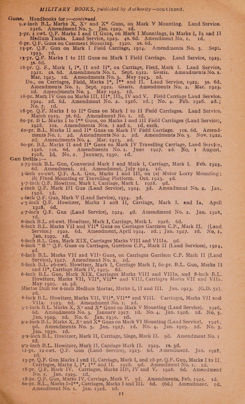    ea. Le Marks X, X, Xe and: X* ane on Mark V Mounting. Land Service. S 1926. Amendment No.5. Jan. i929. Id. ~pr. 2 cwt. Q.F. Marks I and II Guns, on Mark I Mountings, in Marks I, Ia a II ~ Medium Tanks. Land Service, 1929. 4s.6d. Amendment No, 1 rd, 6-pr. Q.F. Guas on Casement Mounting. 1920. 2s. 6d. ? 13-pr. Q.F. sa on Mark I Field Carriage, 1914. Amendments No. 3. Sept.   S 1923 1§-pr. ae. Macks I to III Guns on Mark I Field Carriage. Land Service, 1929. a 33. 6d. 18-pr. Q. F., Mark I, I*, If and II*, on Carriage, Field, Mark J. Land Service, 1921. 28.6d. Amendments No.1. Sept. 1922. Gratis, Amendments No. 2. - Mar. 1923. 1d. Amendments No.3. May 1923. 1d. -Do., on Carriages, Field, Marks I*, I** and II. Land Service, r922. 3s. 6d, Amendments No. 1. Sept. 1922. Gvratis. Amendments No. 2. Mar. 1923. 1d. Amendments No. 3. May 1923. 1d. 18-pr. Mark IV Gun on Marks III, Iil*, If, IV and V. Field Carriage Land Service. ees oer 6d. Amendment No. 2. 1926. 1 td. +. Nes 4. Feb. 1926. 20. ° j 18-pr. Q. i Marks I to II* Guns on Mark I to II Field Carriages. Land Service. March 1929. 58.6d. Amendment No.1. 1d. 60-pr. B L. Marks 1 to I1** Guns, on Marks I and Ii! Field Carriages (Land Service), 1928. ros. Amendments Nos. 1 and 2. 1d. each. 60-pr. B.L. Marks II and II1* Guns on Mark IV Field Carriage. 10s. 6d. Amend- ments No.1. zd. Amendments No.2. 2d. Amendments No.3. Nov. 1922, Se 2d. Amendments No.4. Mar. 1923. 2d. 6o-pr. B.L. Marks II and Ii* Guns on Mark IV Travelling Carriage, Land Service, 1926. 12s. 6d. Amendments No.r. June 1927. 2d. No. 1: August, ‘Gen Drills :-— - 2-75-inch B.L. Gun, Converted Mark I and Mark I, ee Mark I. Feb. 1923, 3 6d. Amendment. 3«d. Amendment, july 1924. Id 3-inch 20-cwt. Q.F. A.A. Gun, Marks I and II], on (a) “Motor Lorry Mounting; a - (0) Fixed Mounting or Travelling Platform. Oct. 1923. 4d. — _3*7-inch Q.F. Howitzer, Mark I, Carriage, Mark I. 1928. gd. = g-inch O.F. ie UI Gup (Land Service), 1924. 3d. Amendment No 2, Jan. baa L920 21s 4-inch Q.F. Gua, Mark V (Land Service), 1924. 3d. 4°5-inch oe ewer, Marks 1 and II, Carriage, Mark I. and Ia, April 1928. 6d. aga Q.F. Gun (Land Service), 1924. 4d. Amendment No. 2. Jan. 1928,  6-inch B.L. 26-cwt. Howitzer, Mark I, Carriage, Mark I. 1926. 6d. 6-inch B.L. Marks VII and VIi* Guns on Carriages Garrison C.P., Mark II. (Land Service.) 1922. 6d. Amendment, April 1924. id.; Jan. 1927. id. No, 1. Jan. r929. 1d, 6-inch B.L. Gun, Mark XIX, Carriages Marks VIII and VIIla. od. 6-inch ‘“‘B’’ 0.F. Guns on Carriages, Garrison C.P., Mark II (Land Services), 1924, i Sed. - 6-inch B.L. Marks VII and VIIv Guns, on Carriages Garrison C.P. Mark II (Land i Service), 1927. Amendment No. 2. 1d. 6-inch B.L. 26-cwt. Howitzer, Mark I, Carriage Mark I, 60-pr. B.L. Gun, Marks IT and Ii*, Carriage Mark IV, 1929. 8d. 6-inch B.L. *Gun, Mark XIX, Carriages Marks VIII and VIIla, and 8-inch B.L. Howitzer, Marks VII, VII*, VII** and VIII, Carriages Marks VII and Vila. May 1929. 1s. 3d. Morxtar Drill tor 6-inch Medium Mortar, Marks 1, Iland III. Jan. 1923. (G.D.52)..  2d. 8-inch B.L. Howitzer, Marks VII, VI1*, VII** and VIII. Carriages, Marks VIT and Vila. 1923. 6d. Amendment No. 1. 1d. 92-inch B.L. Marks X, Xv and X* Guns on Mark V Mounting (Land Service). 1926, “6d. Amendments No. 3. January 1927. 1d. No.4. Jan. 1928. id. No, 3. Jan. 1929. 1d. No.6. Jan.1930. id. 9°2-inch B.L. Marks X, Xv and X* Guns on Mark VI Mounting (Land Service). 1926, od. Amendments Mo. 36 fan. 1027... 1d. ~No.- 4. Jan. 1029... 1ds* Noes. Jan. 1930. 1d. 9°2-inch B.L. Howitzer, Mark II, Carriage, Siege, Mark II. 9d. Amendment No. r     1d. 12-pr. t2-cwt. Q.F. Gun (Land Service), 1925. 6d. Amendment. Jan. 1928, 1d. a Pe. Q. F, Gun Marks I and II, Carriage, Mark I, and 18-pr. O.F. Gun, Marks I to II, Carriages, Marks I, I*, 1** and I. 1928. od. Amendment No.1. id. 18-pr. Q.F. Mark IV. Carriages, Marks Il{t, lV and V. 1928. 6d. Amendment Pm Ovels-. jan. 1929. &lt;1d, zee. Q.F. Gun, Meas IV, Carriage, Mark V. 3d. Amendments, Feb. 1925. 1d. ore. B.L., Marks I-I**, Carriages, Marks ITand III, 6d. (6d.) ‘Amendment. 1d, : Amendment Noor, “Jan. 1928... rds 6 ies Ss a a = Ir 