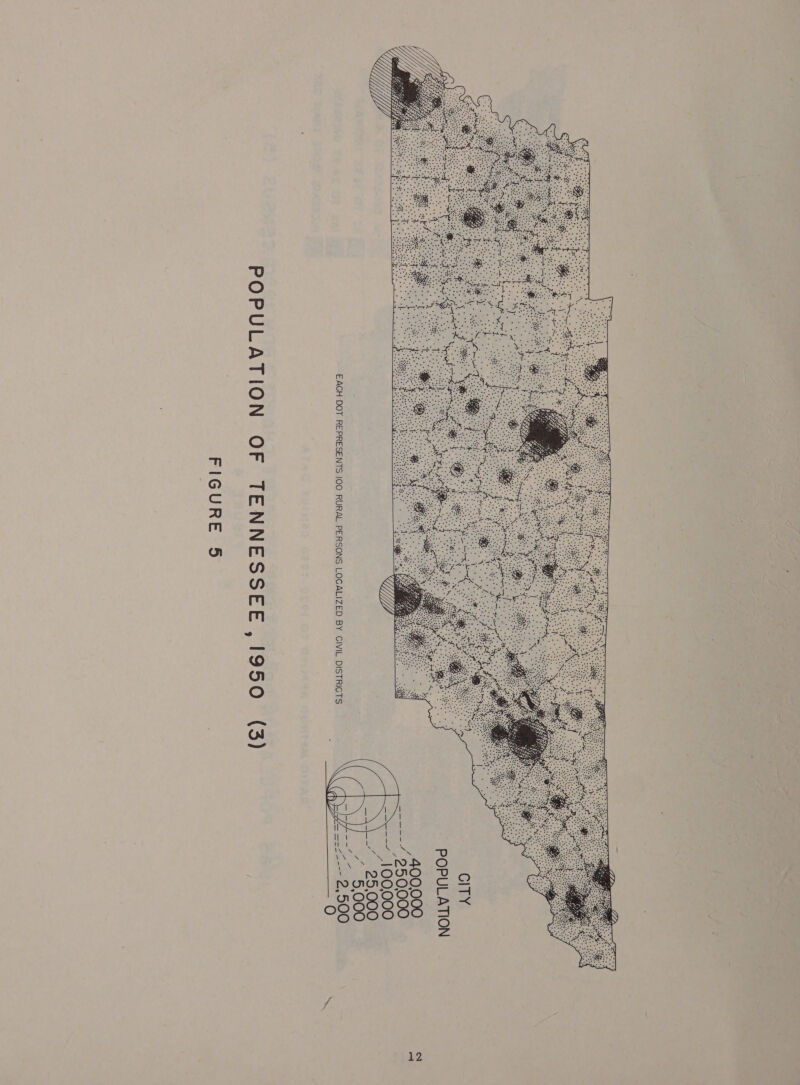   EACH DOT REPRESENTS 100 RURAL.PERSONS LOCALIZED BY CIVIL DISTRICTS POPULATION OF TENNESSEE ,I950 (3) FIGURE 5  CITY POPULATION 400,000  =F 100,000