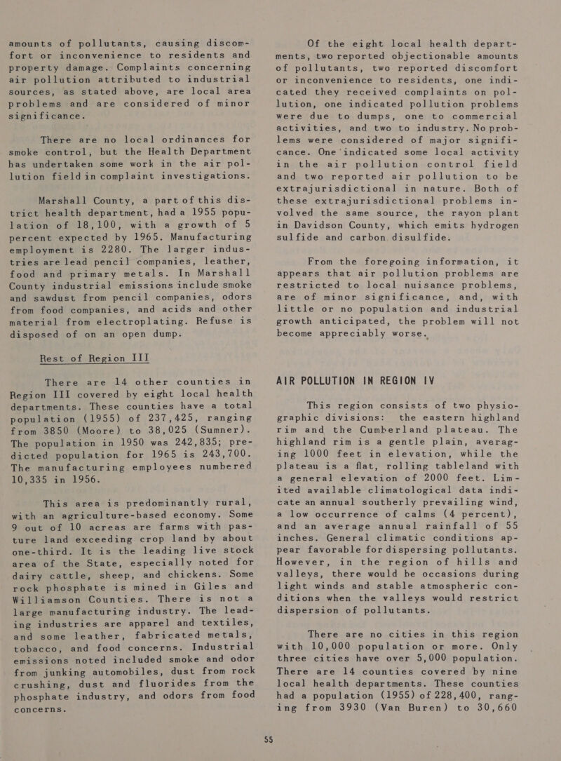 amounts of pollutants, causing discom- fort or inconvenience to residents and property damage. Complaints concerning air pollution attributed to industrial sources, as stated above, are local area problems and are considered of minor significance. There are no local ordinances for smoke control, but the Health Department has undertaken some work in the air pol- lution field in complaint investigations. Marshall County, a partof this dis- trict health department, hada 1955 popu- lation of 18,100, with a growth of 5 percent expected by 1965. Manufacturing employment is 2280. The larger indus- tries are lead pencil companies, leather, food and primary metals. In Marshall County industrial emissions include smoke and sawdust from pencil companies, odors from food companies, and acids and other material from electroplating. Refuse is disposed of on an open dump. Rest of Region III There are 14 other counties in Region III covered by eight local health departments. These counties have a total population (1955) of 237,425, ranging from 3850 (Moore) to 38,025 (Sumner). The population in 1950 was 242,835; pre- dicted population for 1965 is 243,700. The manufacturing employees numbered 10,335 in 1956. This area is predominantly rural, with an agriculture-based economy. Some 9 out of 10 acreas are farms with pas- ture land exceeding crop land by about one-third. It is the leading live stock area of the State, especially noted for dairy cattle, sheep, and chickens. Some rock phosphate is mined in Giles and Williamson Counties. There is not a large manufacturing industry. The lead- ing industries are apparel and textiles, and some leather, fabricated metals, tobacco, and food concerns. Industrial emissions noted included smoke and odor from junking automobiles, dust from rock crushing, dust and fluorides from the phosphate industry, and odors from food concerns. 55 Of the eight local health depart- ments, two reported objectionable amounts of pollutants, two reported discomfort or inconvenience to residents, one indi- cated they received complaints on pol- lution, one indicated pollution problems were due to dumps, one to commercial activities, and two to industry. No prob- lems were considered of major signifi- cance. One'‘indicated some local activity in the air pollution control field and two reported air pollution to be extrajurisdictional in nature. Both of these extrajurisdictional problems in- volved the same source, the rayon plant in Davidson County, which emits hydrogen sulfide and carbon disulfide. From the foregoing information, it appears that air pollution problems are restricted to local nuisance problems, are of minor significance, and, with little or no population and industrial growth anticipated, the problem will not become appreciably worse. AIR POLLUTION IN REGION IV This region consists of two physio- graphic divisions: the eastern highland rim and the Cumberland plateau. The highland rim is a gentle plain, averag- ing 1000 feet in elevation, while the plateau is a flat, rolling tableland with a general elevation of 2000 feet. Lim- ited available climatological data indi- cate an annual southerly prevailing wind, a low occurrence of calms (4 percent), and an average annual rainfall of 55 inches. General climatic conditions ap- pear favorable for dispersing pollutants. However, in the region of hills and valleys, there would be occasions during light winds and stable atmospheric con- ditions when the valleys would restrict dispersion of pollutants. There are no cities in this region with 10,000 population or more. Only three cities have over 5,000 population. There are 14 counties covered by nine local health departments. These counties had a population (1955) of 228,400, rang- ing from 3930 (Van Buren) to 30,660