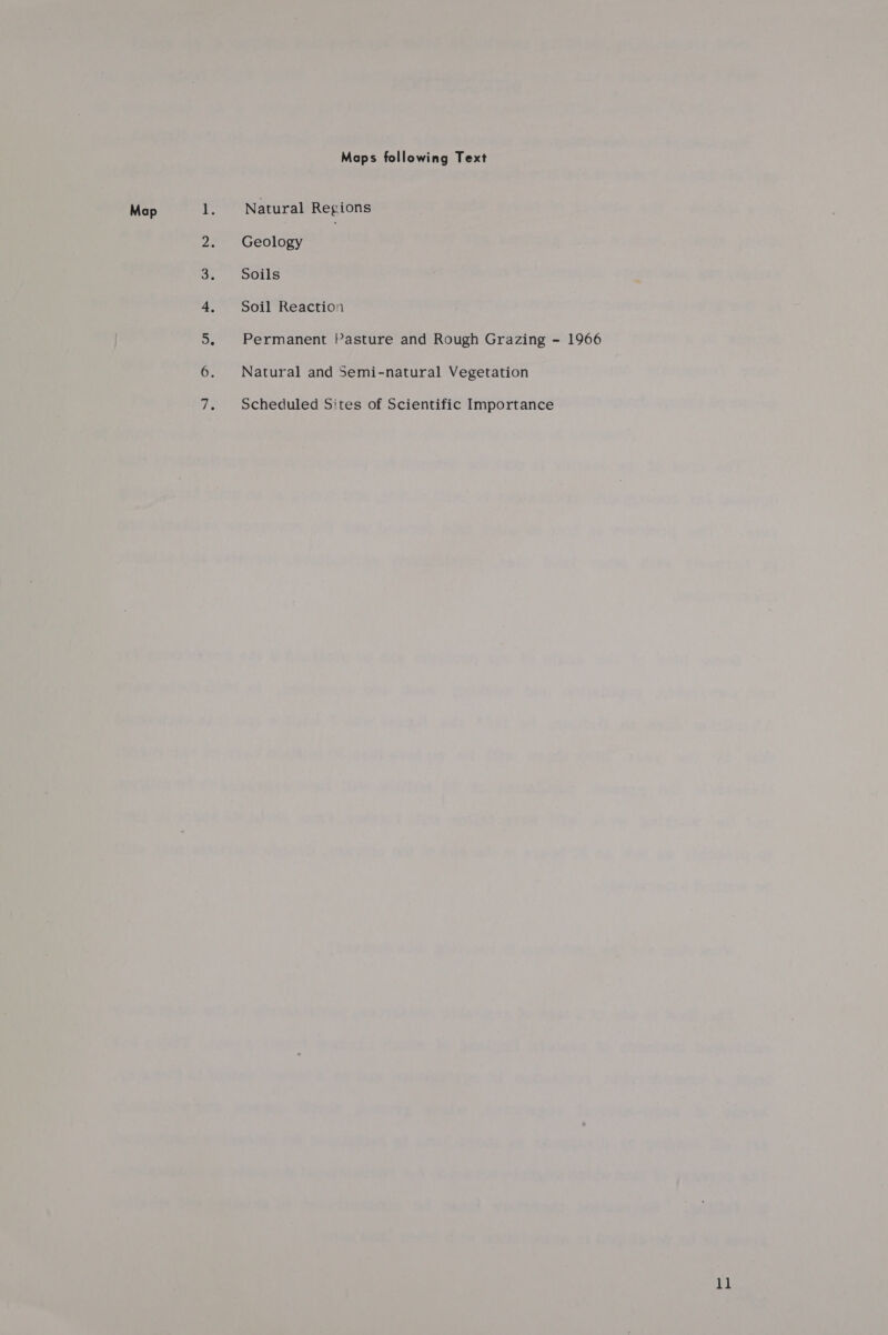 Map ON OE ie Maps following Text Natural Regions Geology Soils Soil Reaction Permanent Pasture and Rough Grazing - 1966 Natural and Semi-natural Vegetation Scheduled Sites of Scientific Importance