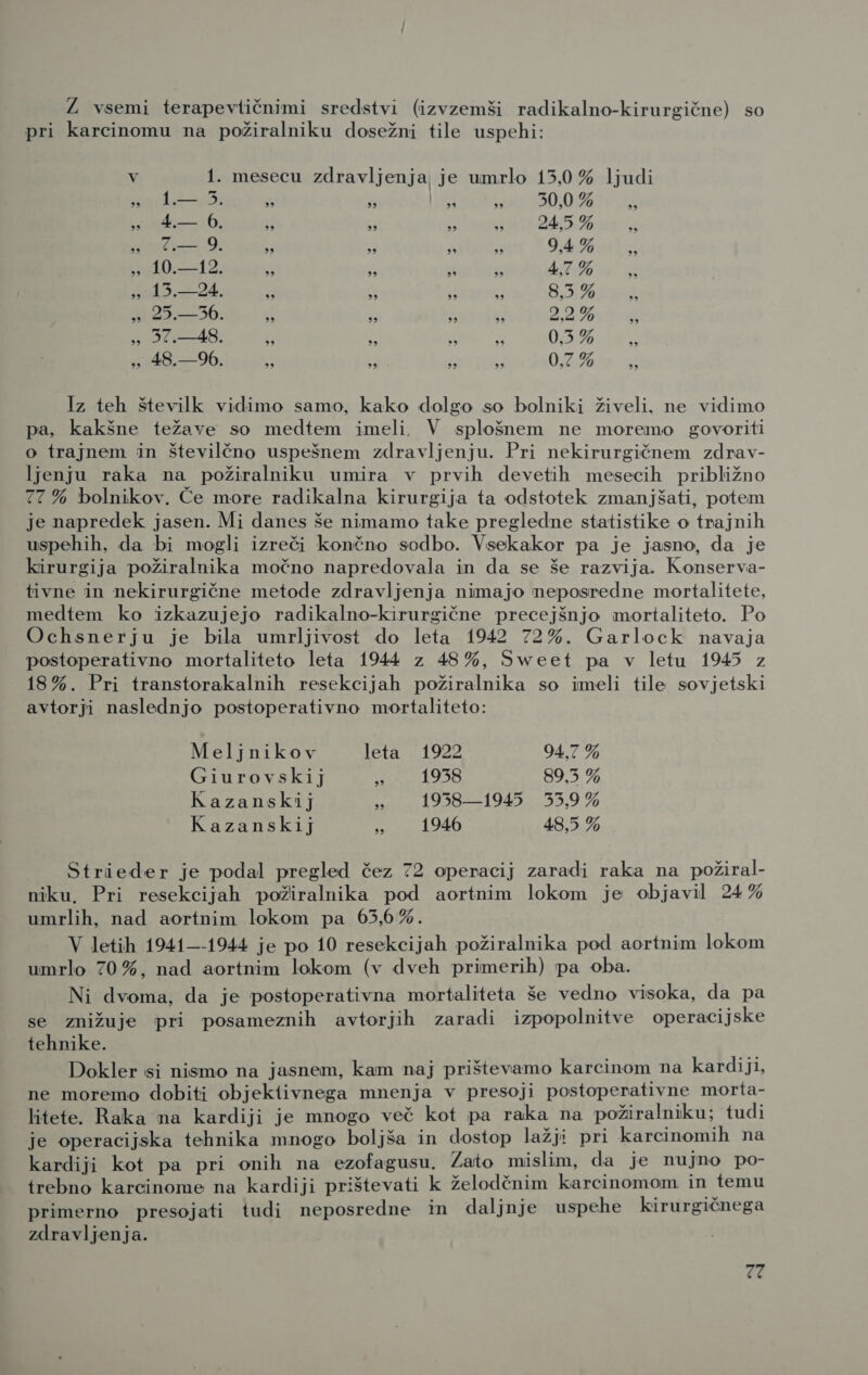 Ž vsemi terapevtičnimi sredstvi (izvzemši radikalno-kirurgične) so pri karcinomu na požiralniku dosežni tile uspehi: v 1. mesecu zdravljenja je umrlo 15,0 % ljudi » 1— 35. &gt; ja Nex u 30,0 % A side 6; . j a + 24,5 % g . 9. # sd ma S 9,4% Si ., 10.—12. T s m a 47%, &gt;) 15.—24. € s f t BA ANE » 25.—56. ui » a 2270528 &gt; 37.—48. 3 : S s Orao taje , 48.—96. 4 4 fi J 0,4%6:u g; Iz teh številk vidimo samo, kako dolgo so bolniki živeli, ne vidimo pa, kakšne težave so medtem imeli. V splošnem ne moremo govoriti o trajnem in številčno uspešnem zdravljenju. Pri nekirurgičnem zdrav- ljenju raka na požiralniku umira v prvih devetih mesecih približno 77 % bolnikov. Če more radikalna kirurgija ta odstotek zmanjšati, potem je napredek jasen. Mi danes še nimamo take pregledne statistike o trajnih uspehih, da bi mogli izreči končno sodbo. Vsekakor pa je jasno, da je kirurgija požiralnika močno napredovala in da se še razvija. Konserva- tivne in nekirurgične metode zdravljenja nimajo neposredne mortalitete, medtem ko izkazujejo radikalno-kirurgične precejšnjo mortaliteto. Po Ochsnerju je bila umrljivost do leta 1942 72%. Garlock navaja postoperativno mortaliteto leta 1944 z 48%, Sweet pa v letu 1945 z 18%. Pri transtorakalnih resekcijah požiralnika so imeli tile sovjetski avtorji naslednjo postoperativno mortaliteto: Meljnikov leta 1922 94,7 % Giurovskij 41058 89,3 % Kazanskij , 19358—1945 35,9 % Kazanskij a 1946 48,5 % Strieder je podal pregled čez 72 operacij zaradi raka na požiral- niku, Pri resekcijah požiralnika pod aortnim lokom je objavil 24% umrlih, nad aortnim lokom pa 65,6%. V letih 1941—-1944 je po 10 resekcijah požiralnika pod aortnim lokom umrlo 70%, nad aortnim lokom (v dveh primerih) pa oba. Ni dvoma, da je postoperativna mortaliteta še vedno visoka, da pa se znižuje pri posameznih avtorjih zaradi izpopolnitve operacijske tehnike. Dokler si nismo na jasnem, kam naj prištevamo karcinom na kardiji, ne moremo dobiti objektivnega mnenja v presoji postoperativne morta- litete. Raka na kardiji je mnogo več kot pa raka na požiralniku; tudi je operacijska tehnika mnogo boljša in dostop lažji pri karcinomih na kardiji kot pa pri onih na ezofagusu, Zato mislim, da je nujno po- trebno karcinome na kardiji prištevati k želodčnim karcinomom in temu primerno presojati tudi neposredne in daljnje uspehe kirurgičnega zdravljenja. ra